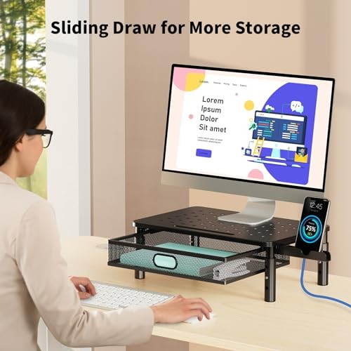 Monitor Stand Riser with Metal Mesh Drawer, Height Adjustable with Phone