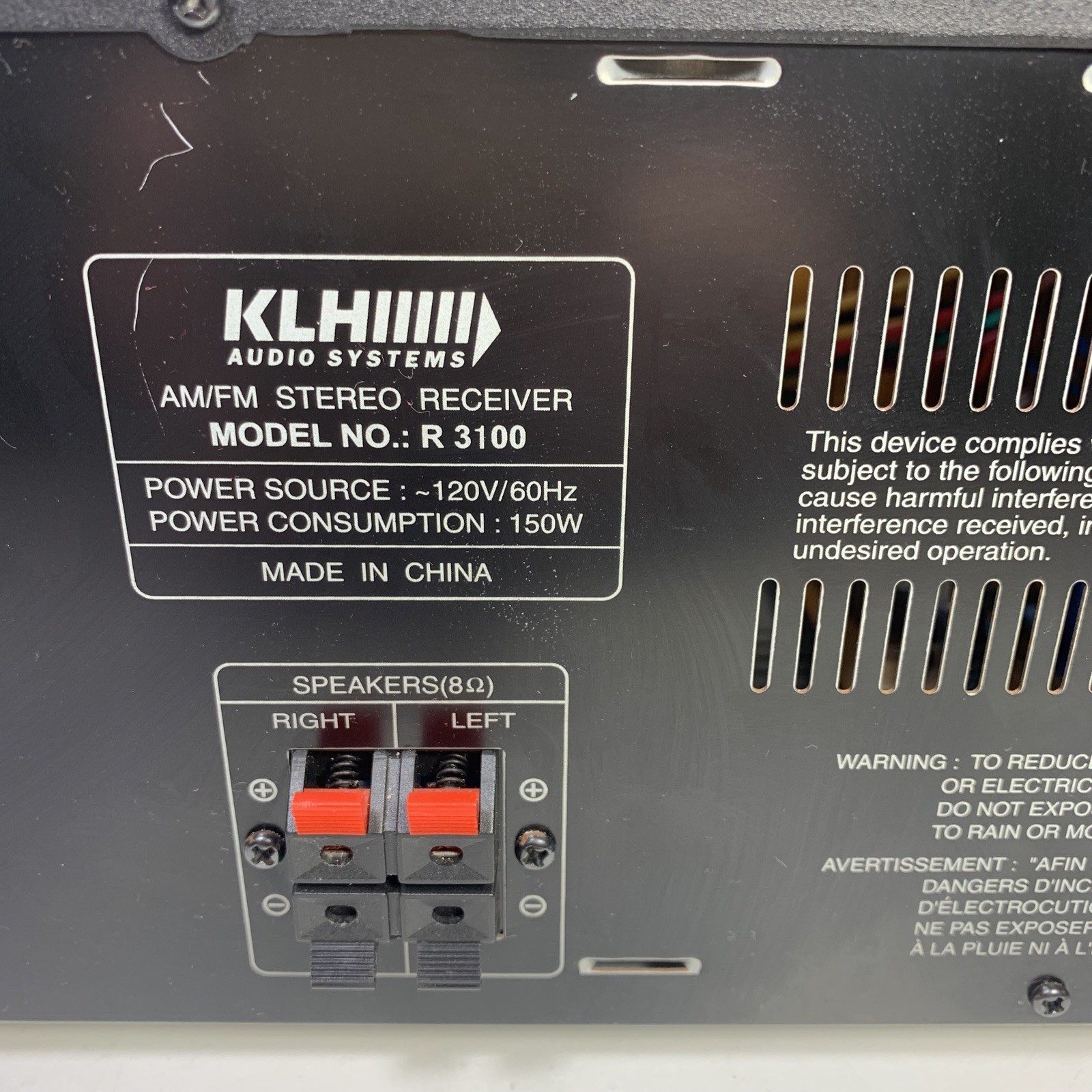 KLH R3100 Receiver HiFi Stereo Vintage Home Audio 2 Channel Radio Black Dolby