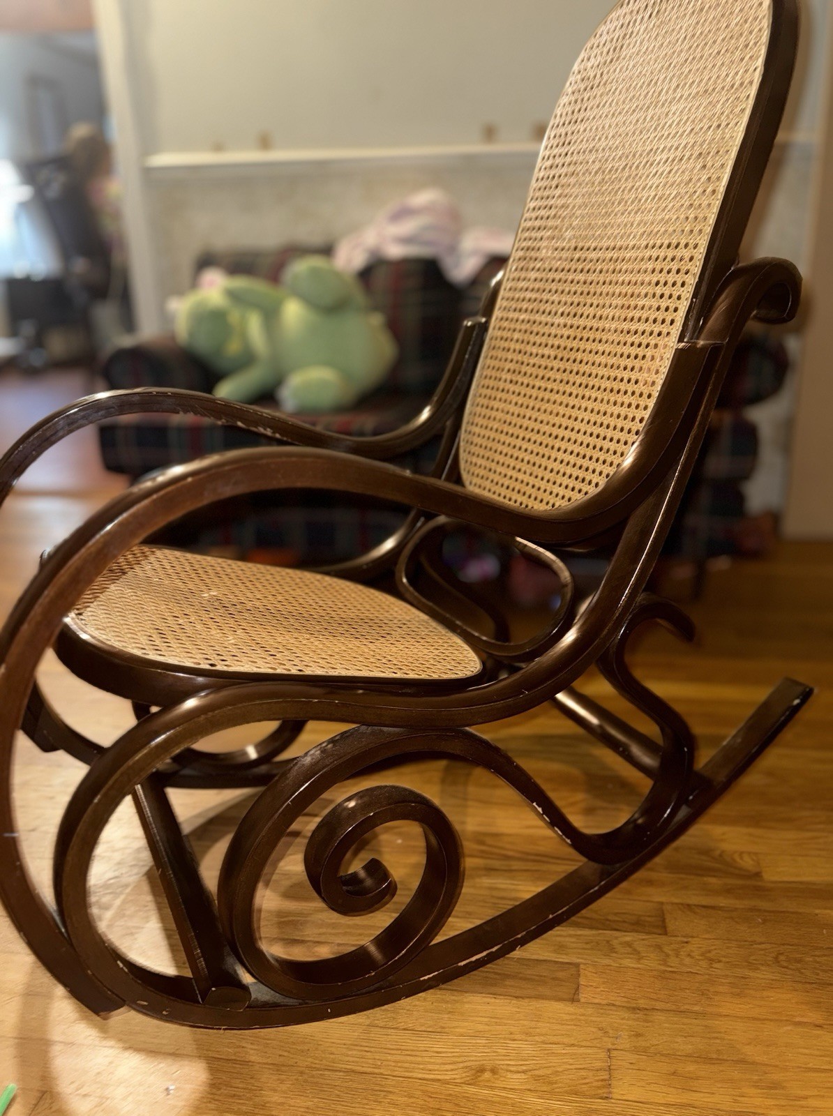 Thonet Mid-Century Bentwood Cane Rocking Chair Dark Wood Brown Beige 40x19x36in