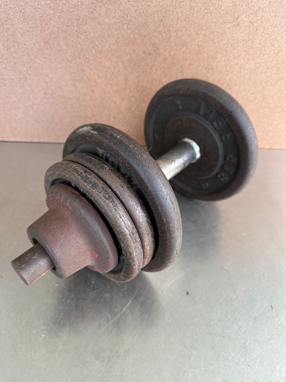 Vtg. Original York Barbell Dumbbell Set Total Weight 28 Pounds 1 Inch Hole #1440