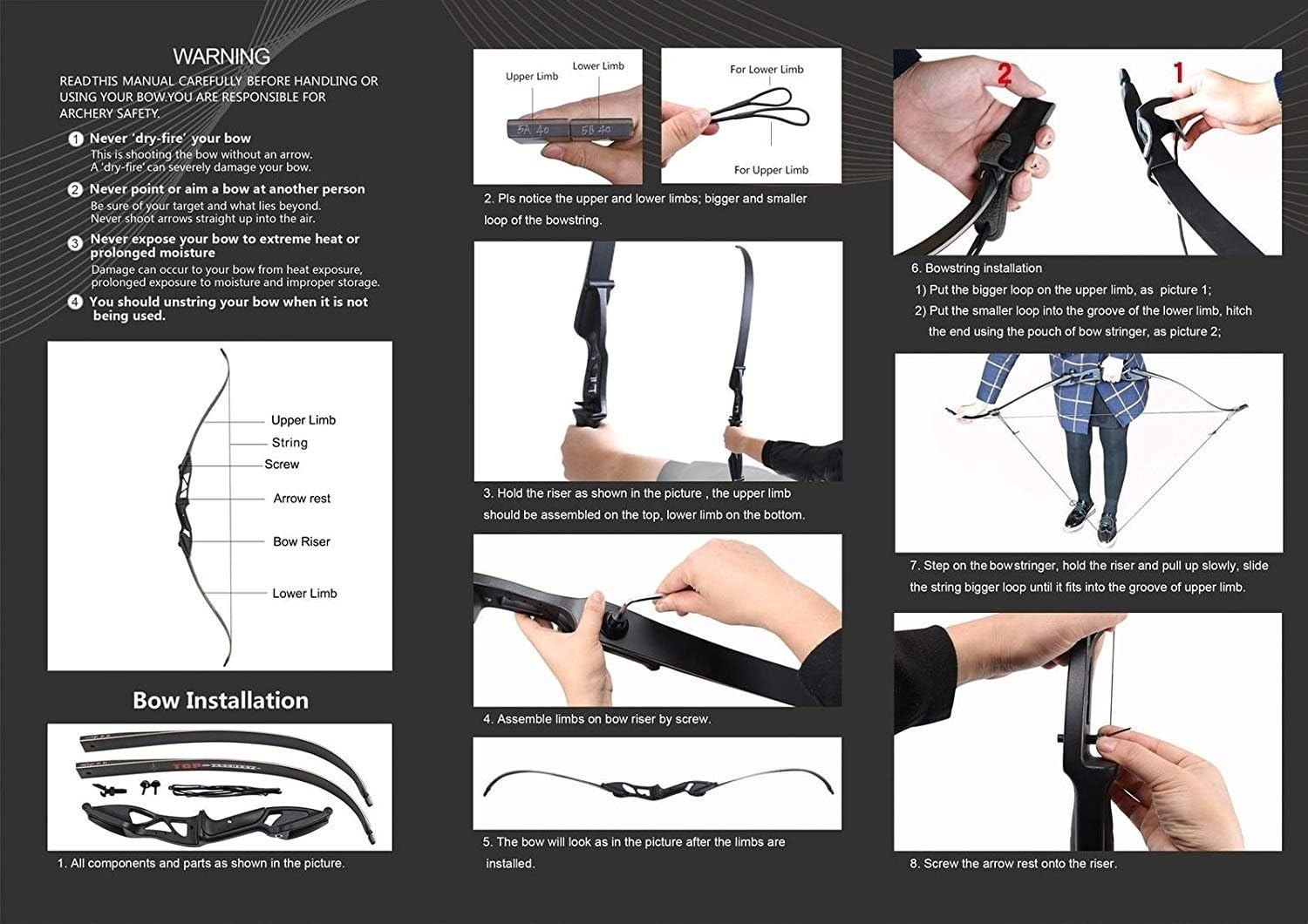 56" Right-Hand Black Recurve Bow - Durability & Performance for Hunters