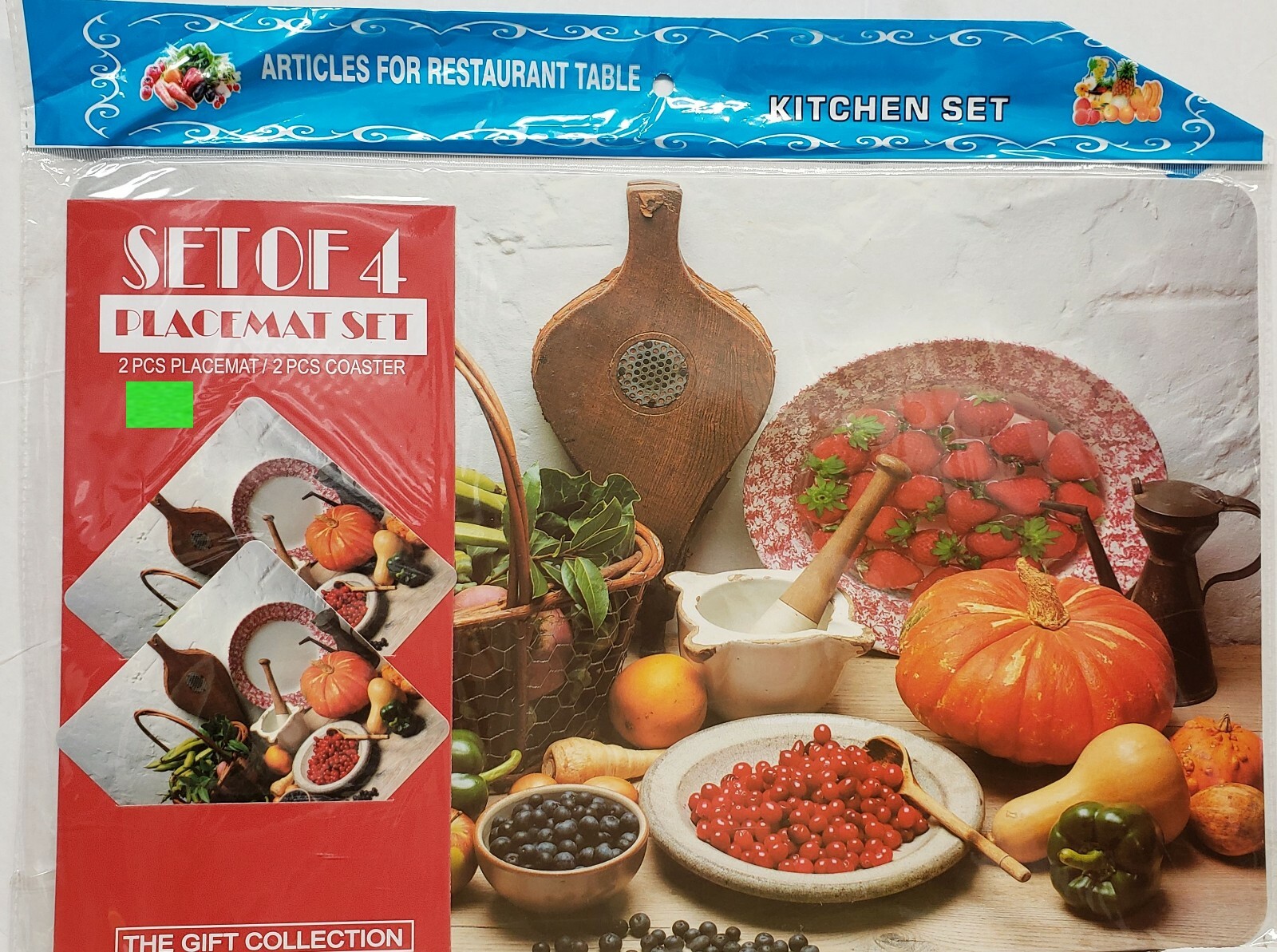 4pc Non Clear Thin Plastic Set: 2 PLACEMATS & 2 COASTERS, FOOD & PUMPKIN, Mirtex
