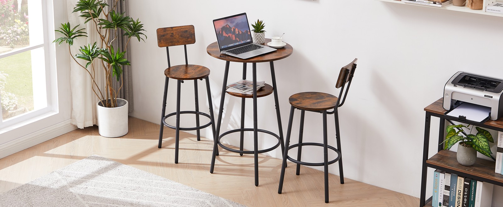 Round bar stool set with shelves, stool with backrest Rustic Brown, 23.6'' Dia