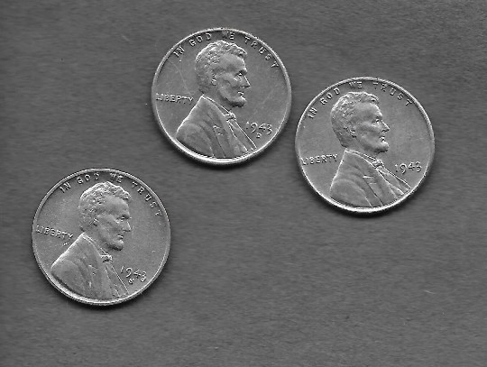 1943 P,D, S  - STEEL Lincoln Cent,  3 Coin Set - Free shipping!