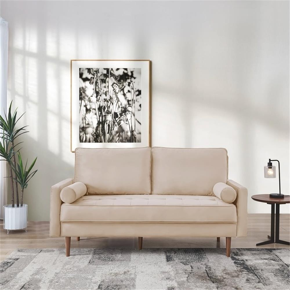 69 Inch Wide Upholstered Two Cushion Sofa with Bolster Pillows in Beige Velvet