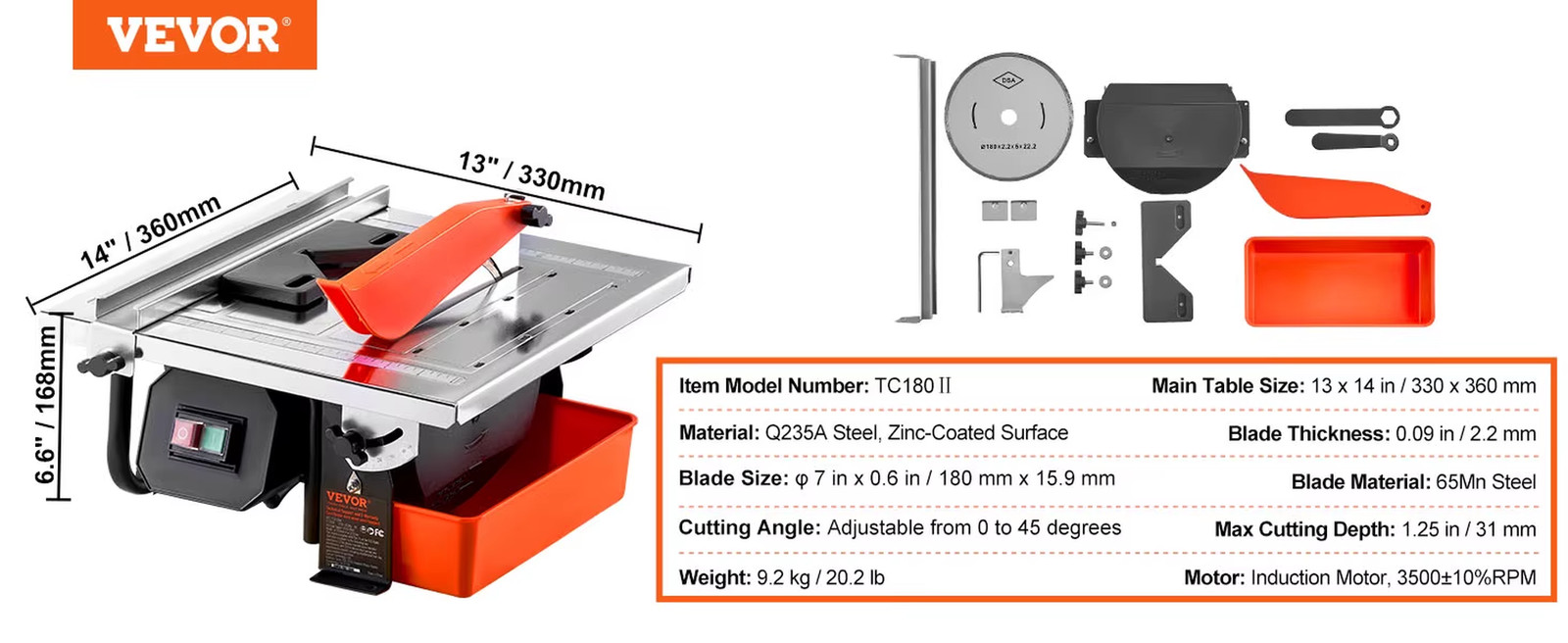 Wet Tile Saw 7-Inch 65Mn Steel Blade 3500 RPM Induction Motor Tile Cutter Wet Sa