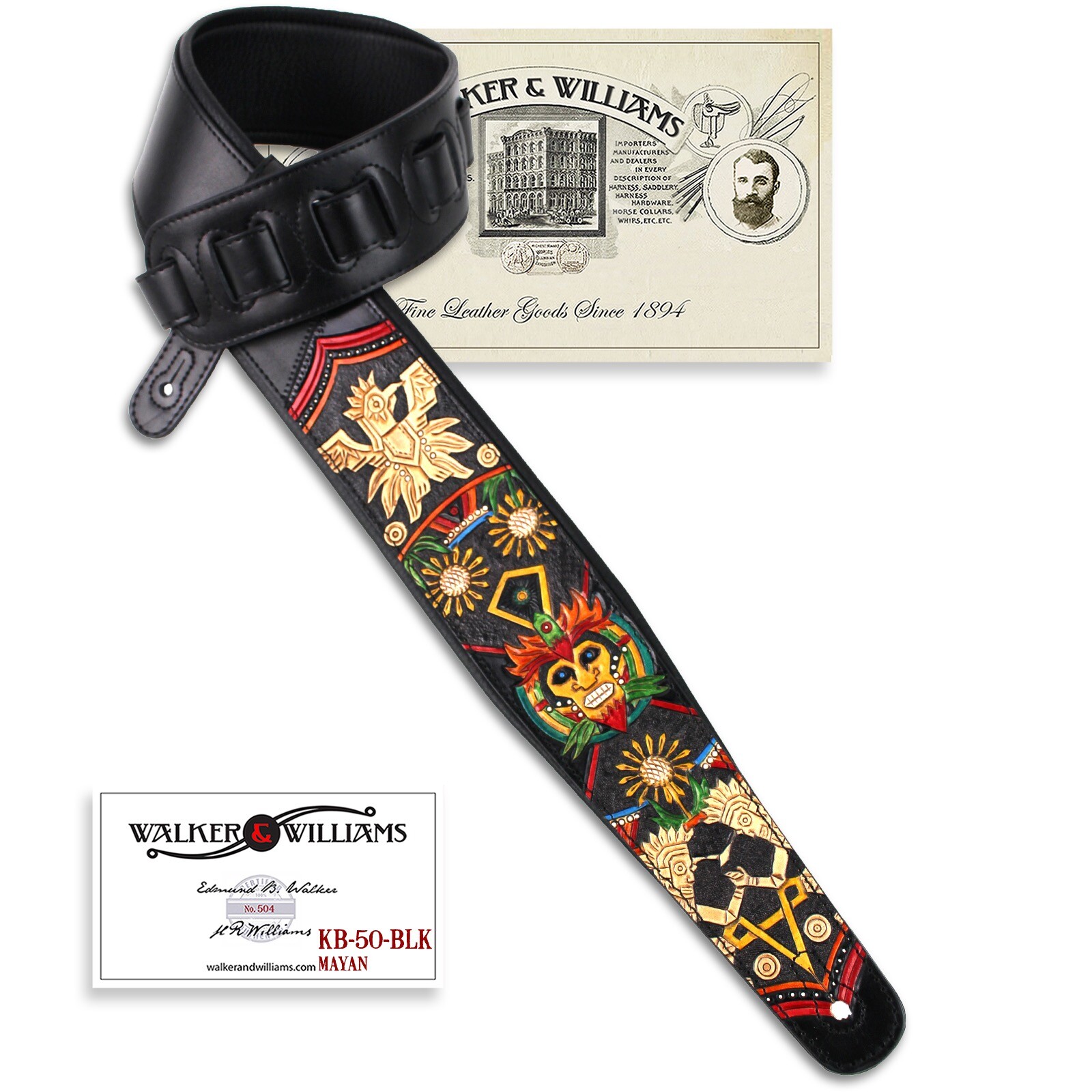 Walker & Williams KB-50-BLK Multicolor Mayan Design on Black Carved Leather