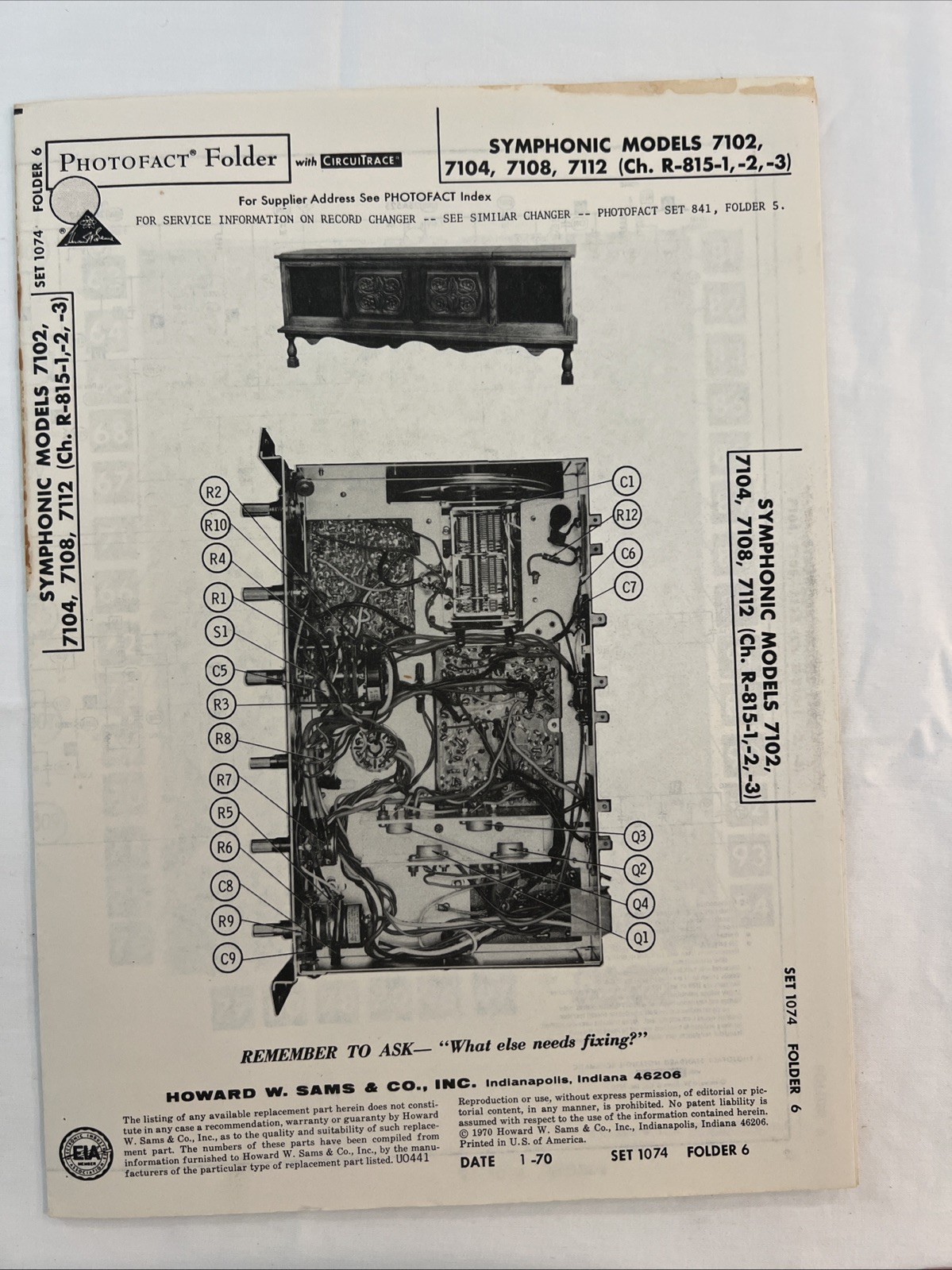 Vintage Sams Photofact Schematic 1- 1970 SYMPHONIC MODELS 7102,7104,7108,7112,