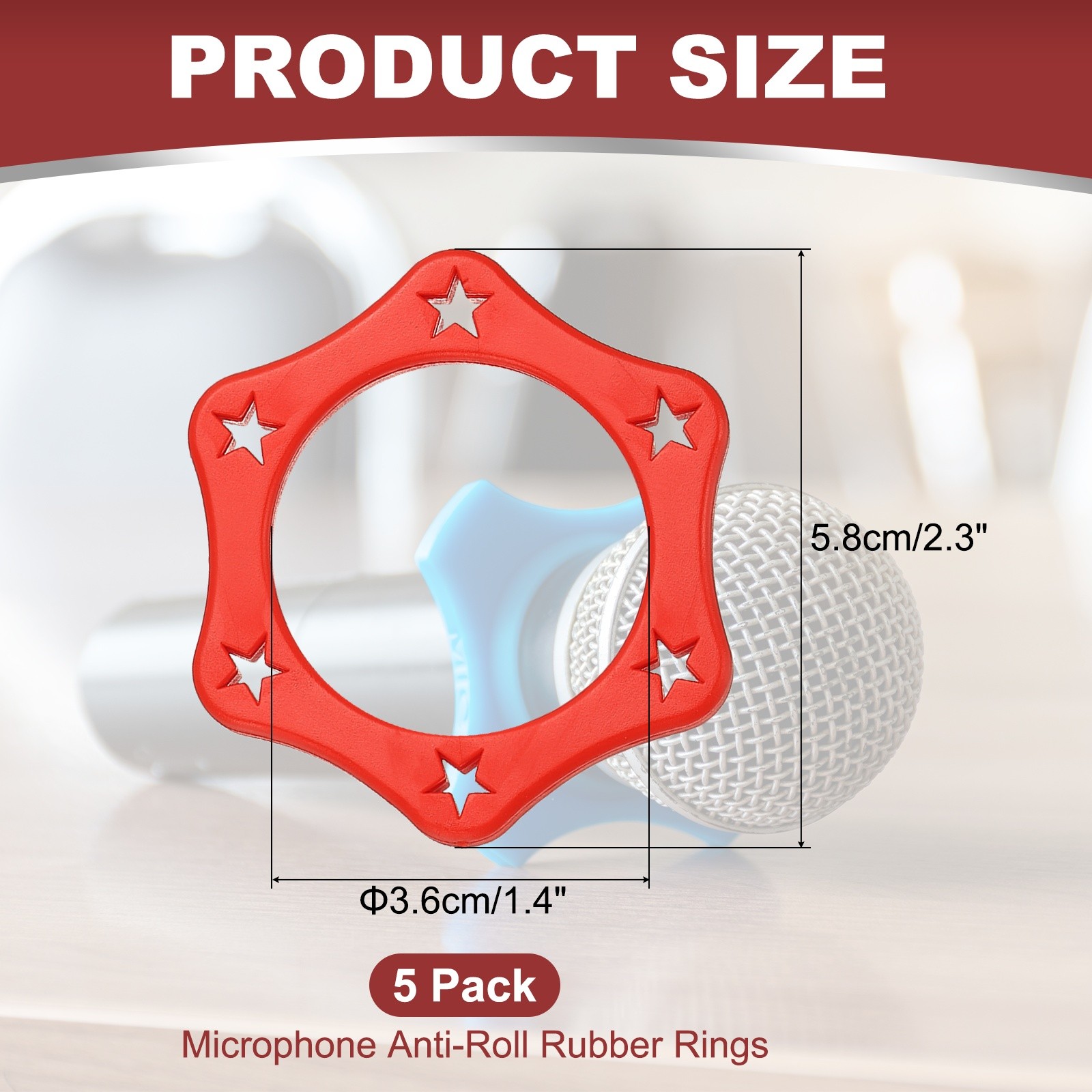 Microphone Anti-Roll Rubber Hexagonal Rings, 5 Pack & 1.4 x 2.3" & Red