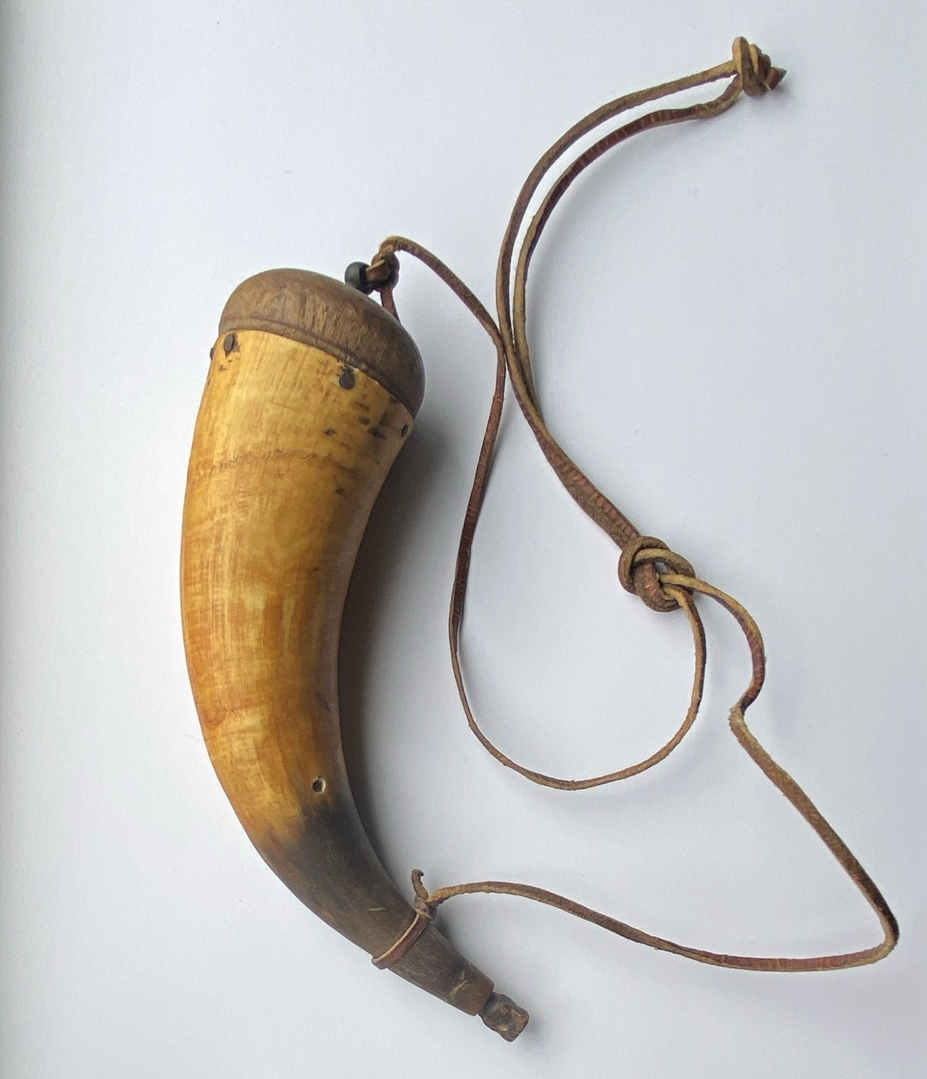 Antique Black Powder Powder Horn Flask w/ Leather Strap, Muzzleloader Load Type