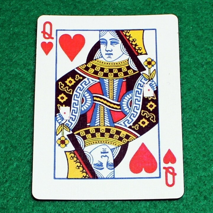 Queen of Hearts reveals Ace of Diamonds hand, Bicycle Printed Gaff Card, Red