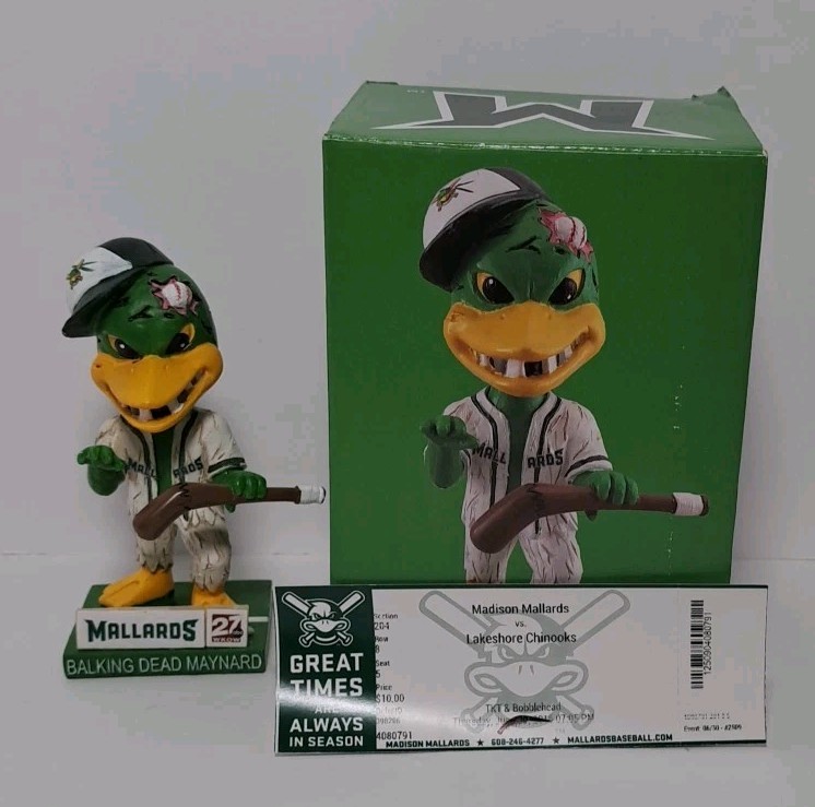 Madison Mallards Balking Dead Maynard Bobblehead With Game Day Ticket