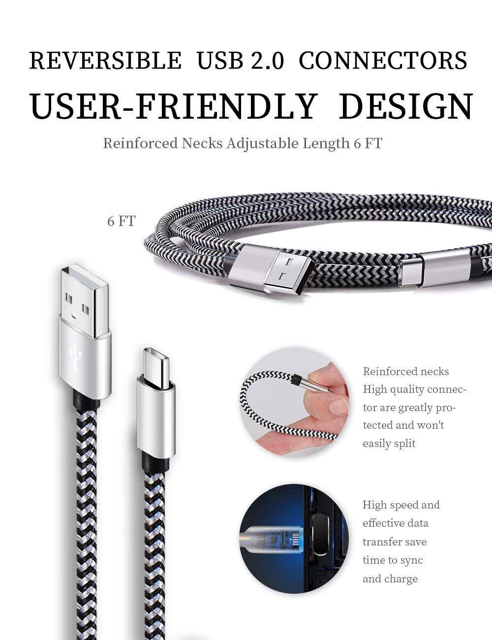 USB Type C Cable Fast Charging, Tpc001 5 Pack(6Ft 3A) Braided C Charger Cables C