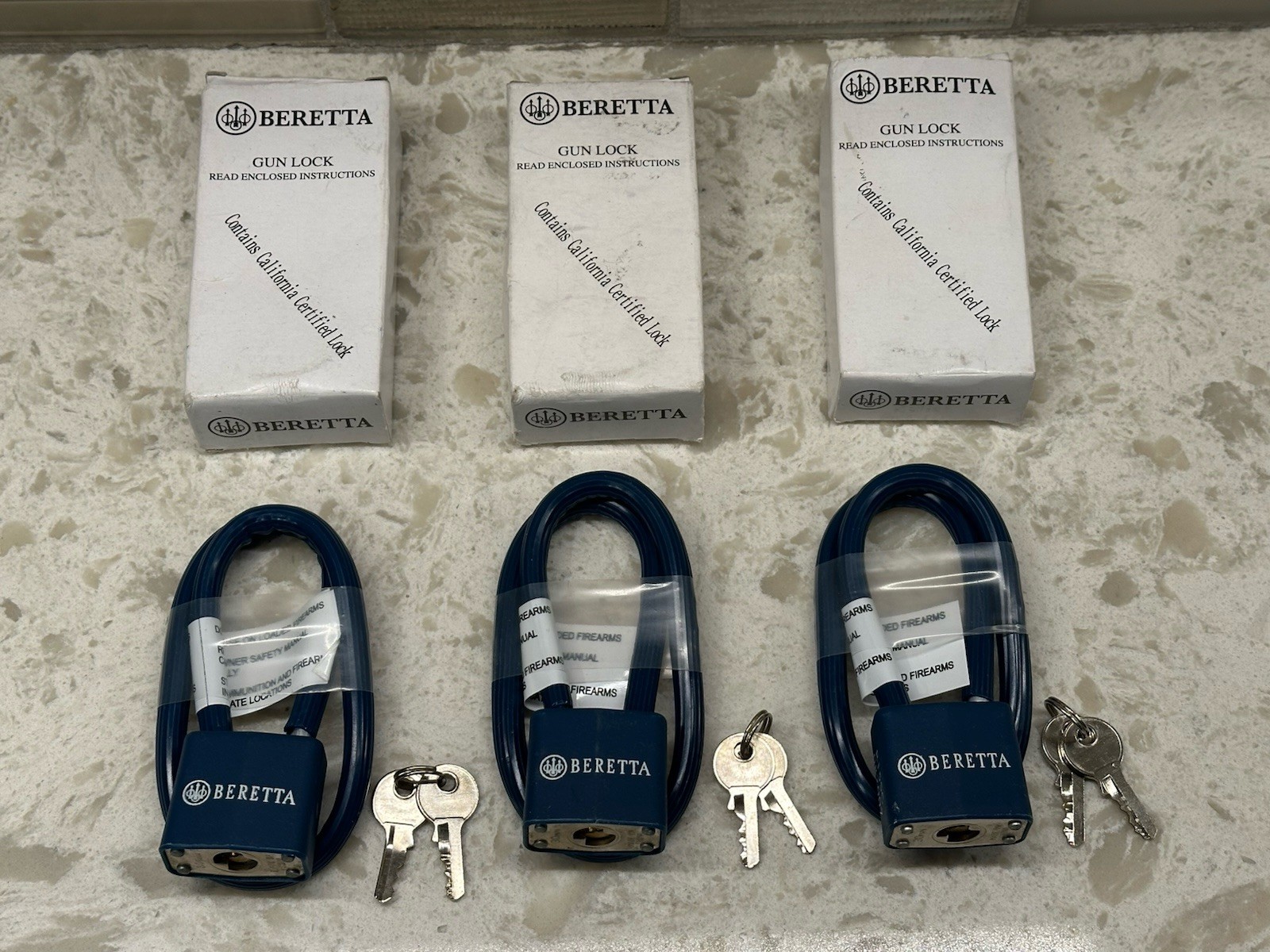 3 Beretta Blue Cable Gun Locks With Matching Keys, Safety Lock, Regal R15SC