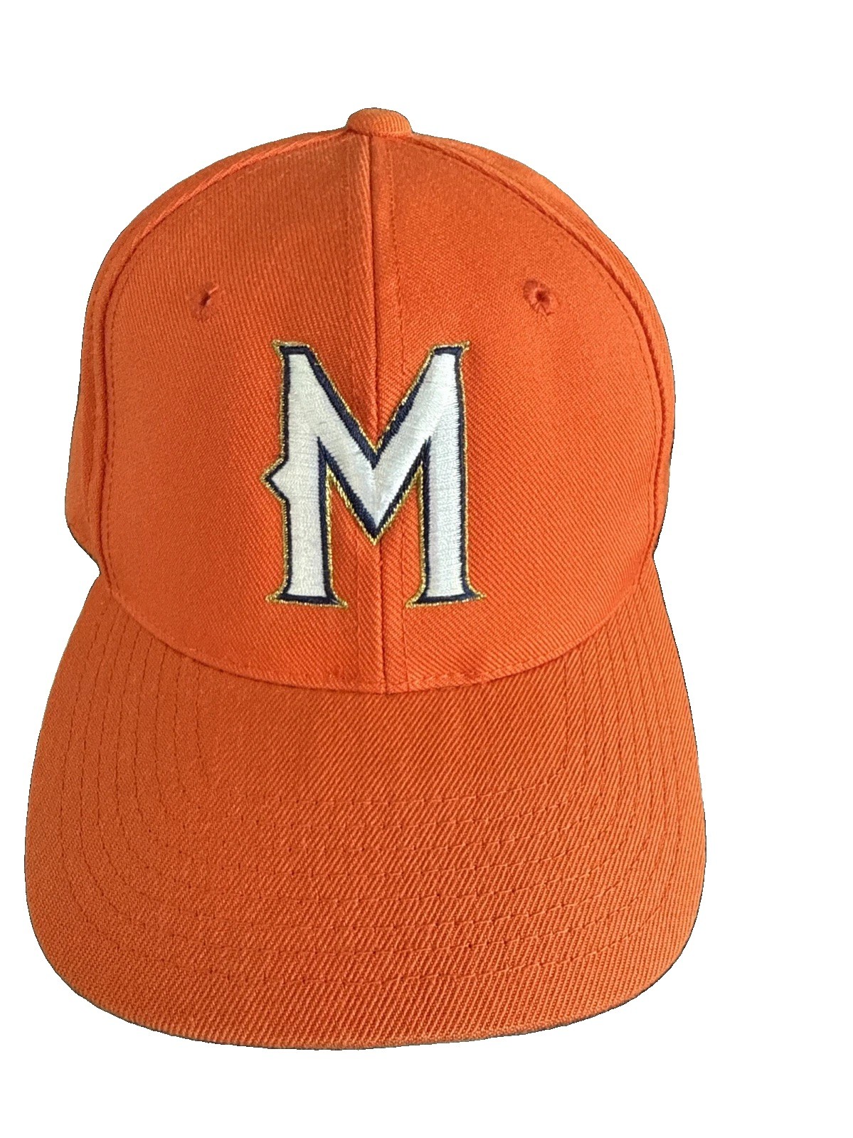 M in white w navy Gold Outline on Orange hat Cap Snapback 20% Wool