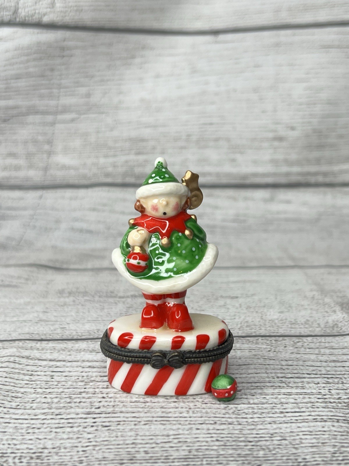 VTG PHB Style Christmas Elf Porcelain Hinged Trinket Box W/ Ornament Trinket