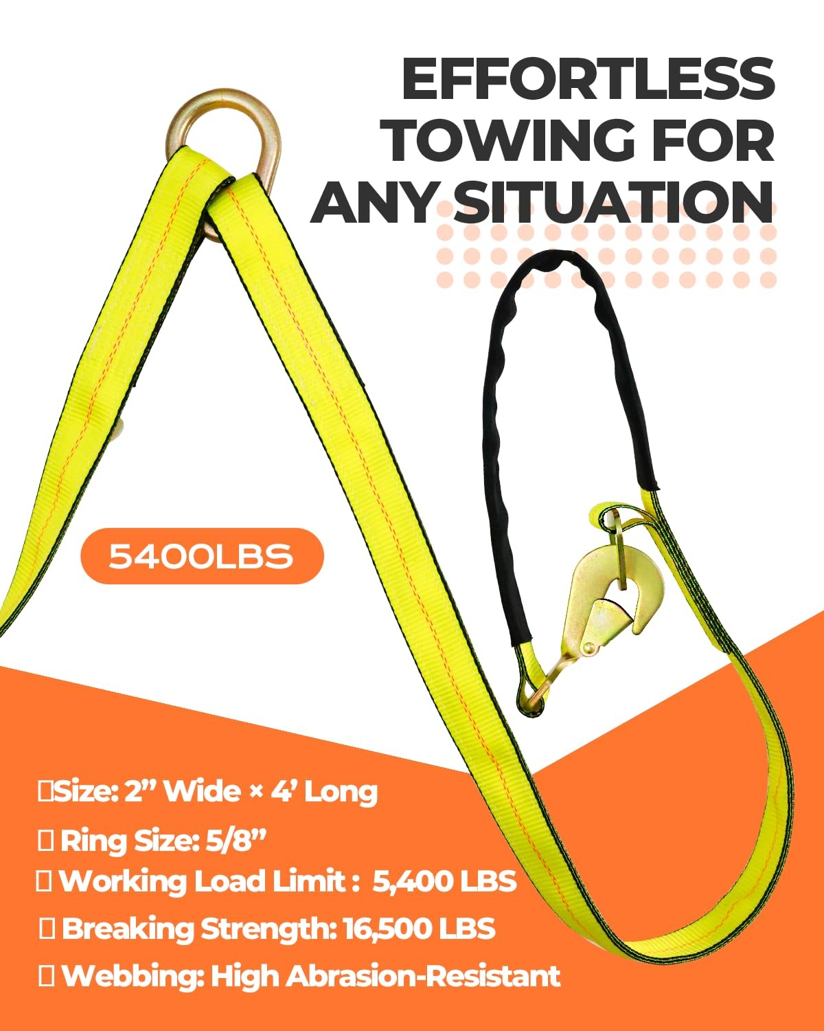 V Bridle Tow Strap 5,400lb Capacity W/ Snap Hooks Heavy Duty 2" x 4'