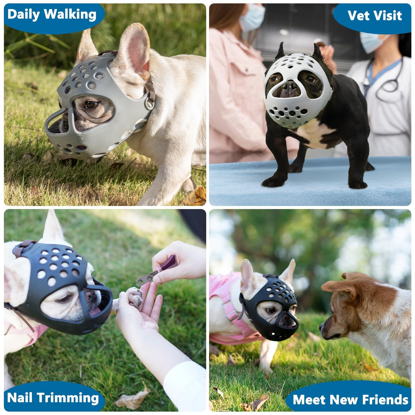 BARKLESS Short Snout Dog Muzzle, Soft Silicone Flat M（Head 15-16½"）, Black