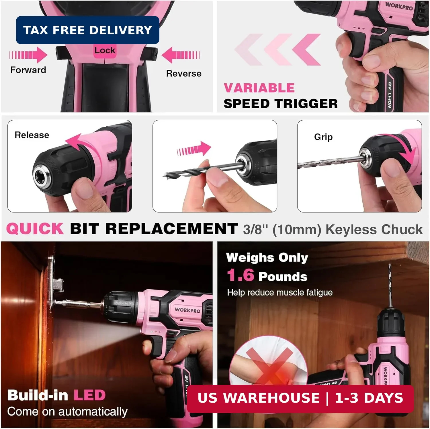 Pink Power Drill Set and Stackable Tool Box, 8V Cordless Drill Driver wi