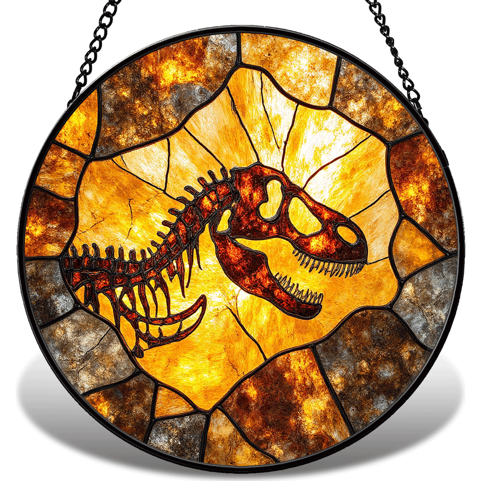 Dinosaur Fossil Stained Glass Suncatcher, Round Window Hanging Decor Gift