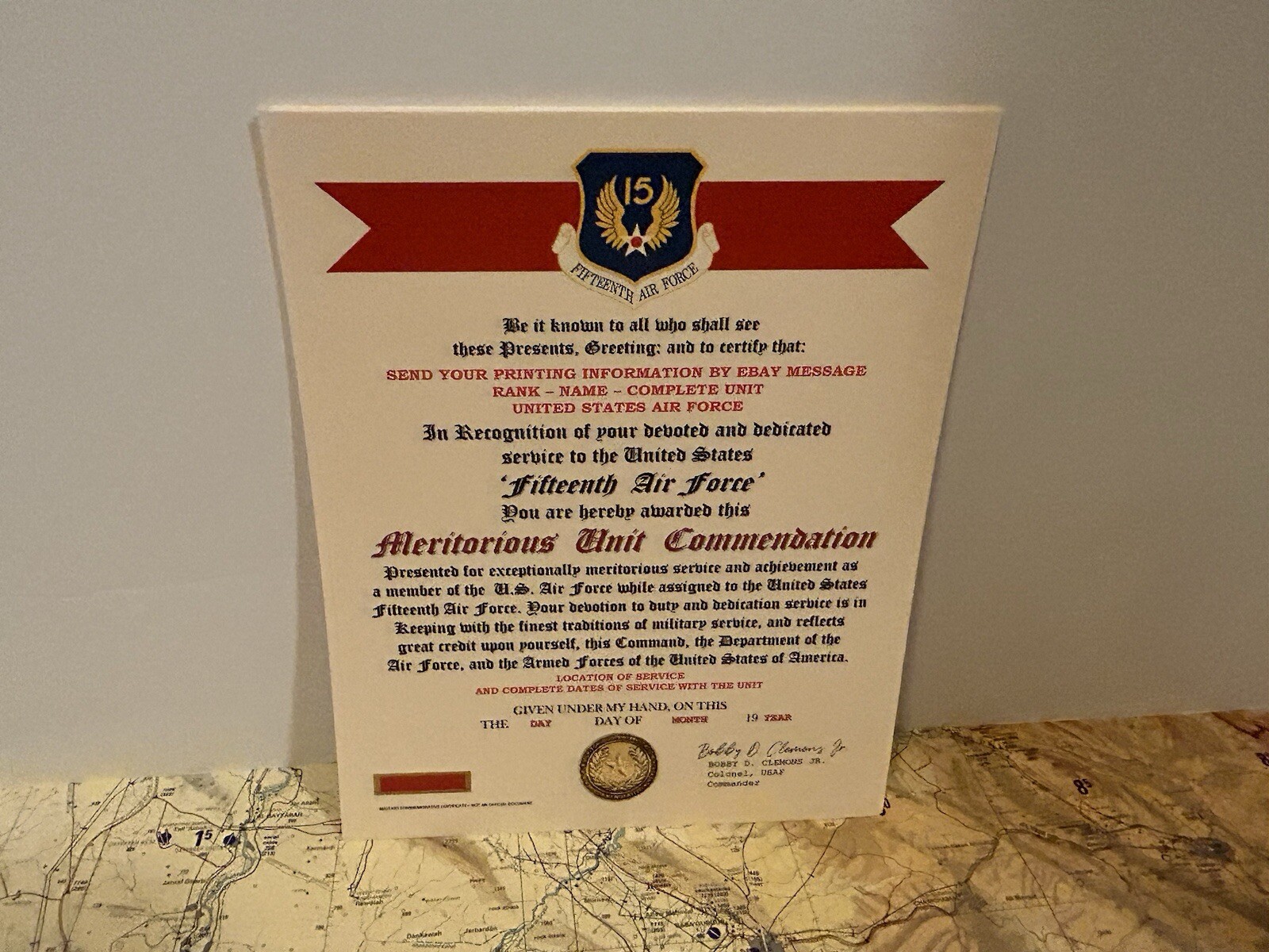 U.S. AIR FORCE / 15TH AIR FORCE - MERITORIOUS UNIT COMMENDATION CERTIFICATE