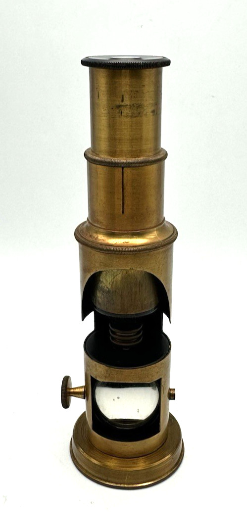 Antique French Field Microscope Brass wood box Glass slide