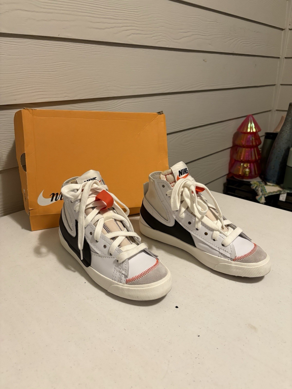 Nike Blazer Mid White Black Orange Stitch DD3111-100 Size 10