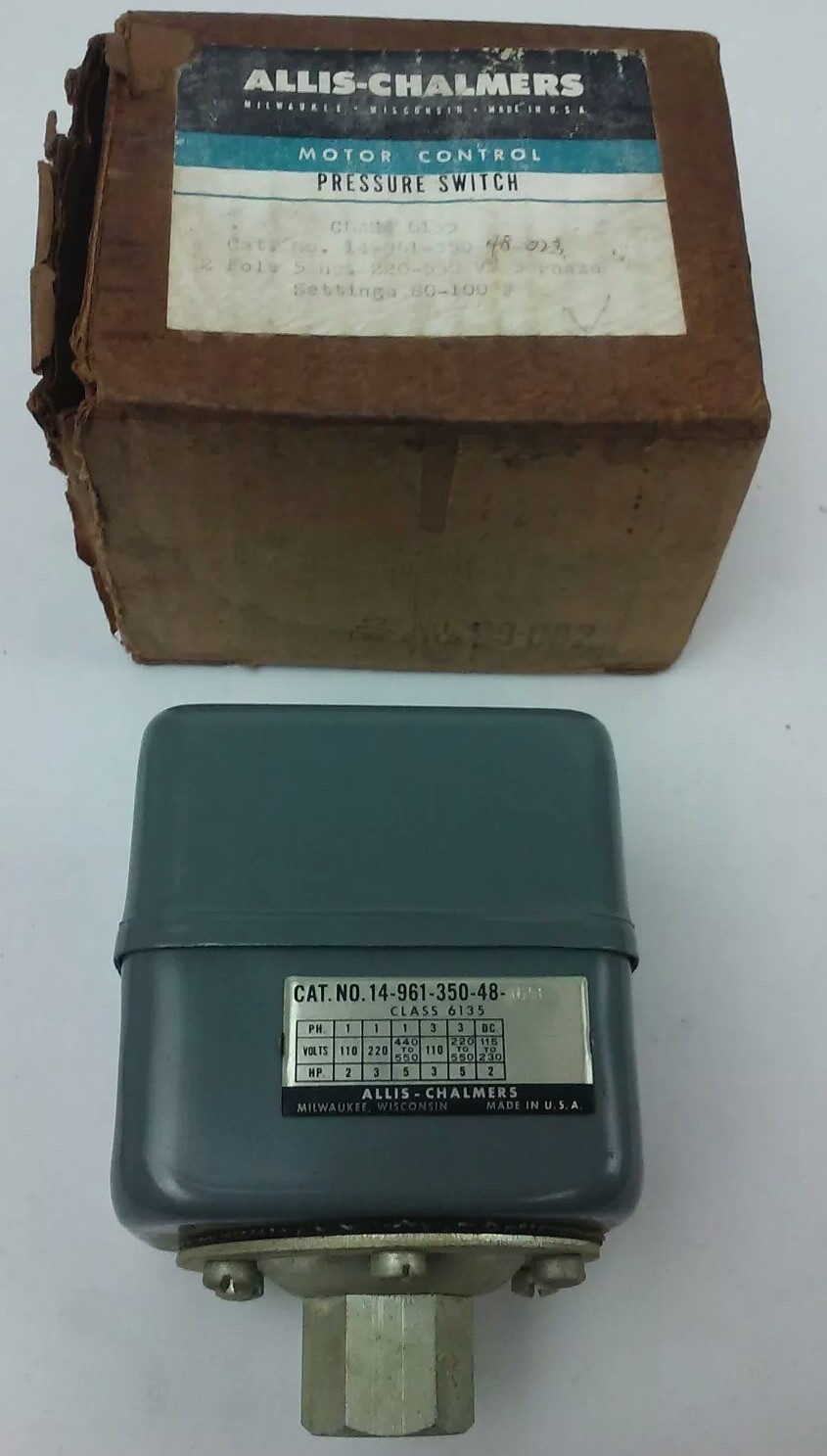 ALLIS CHALMERS  CLASS 6135 14-961-350-48-023 PRESSURE SWITCH, 550V, NEW SURPLUS