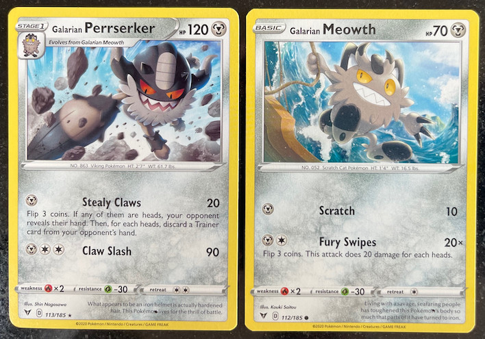 Galarian Perrserker  113/185 + Galarian Meowth  112/185 - Evolution  Set - Vivid
