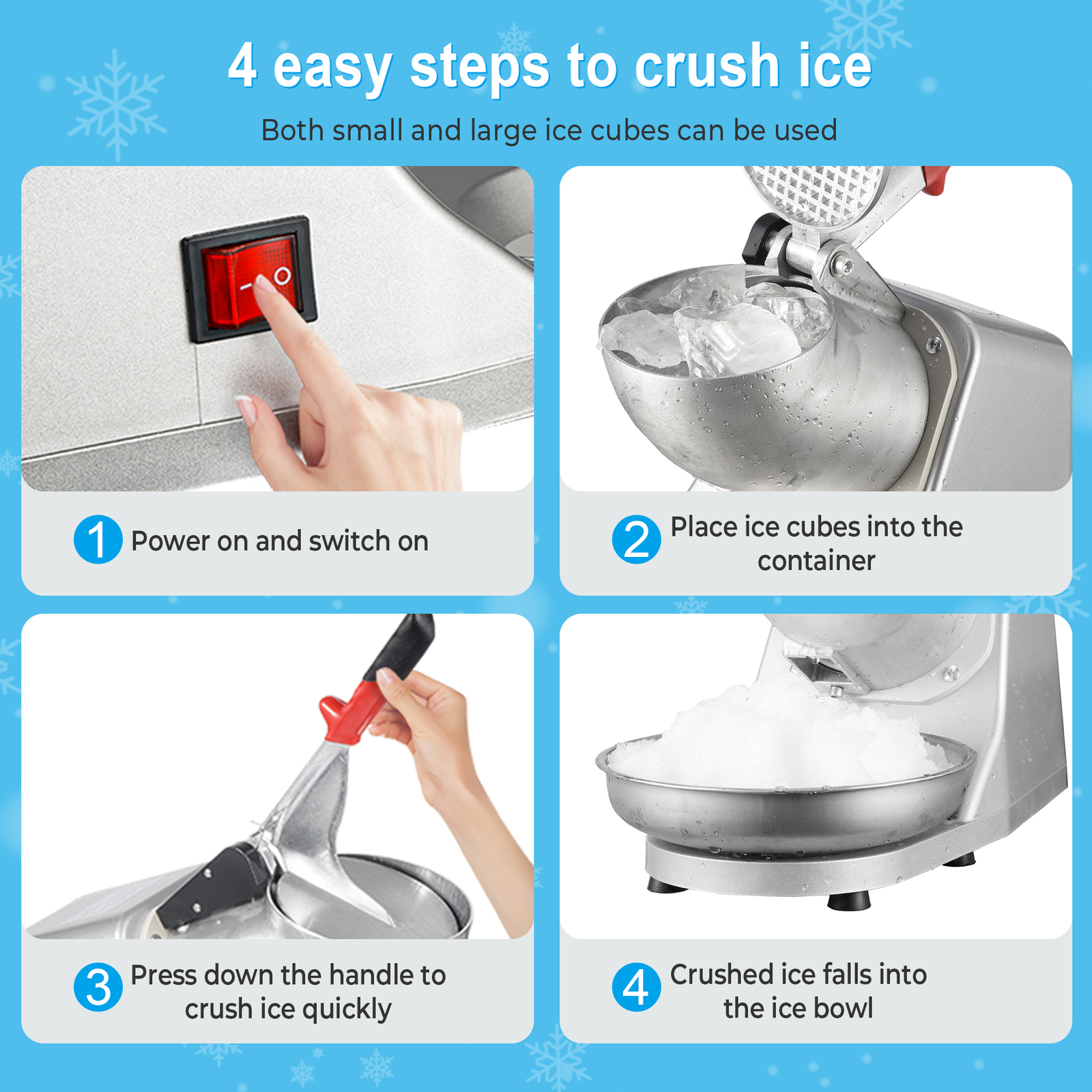 4PCS Electric Ice Crusher Shaver Machine High Efficiency Snow Cone Maker Silver