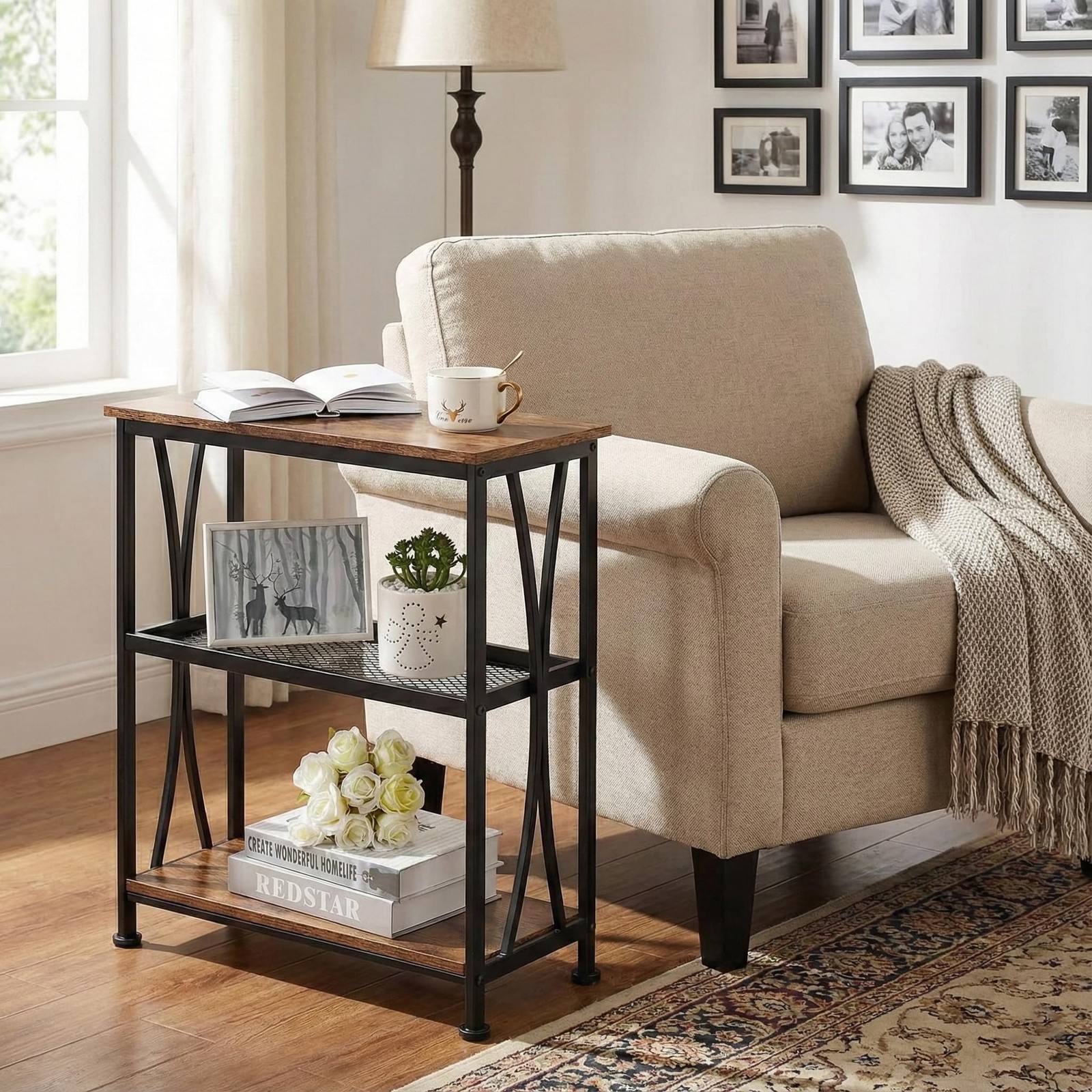 Narrow End Table,20" Long Side Table with 3 Tier Storage Shelves, Small Hallw...