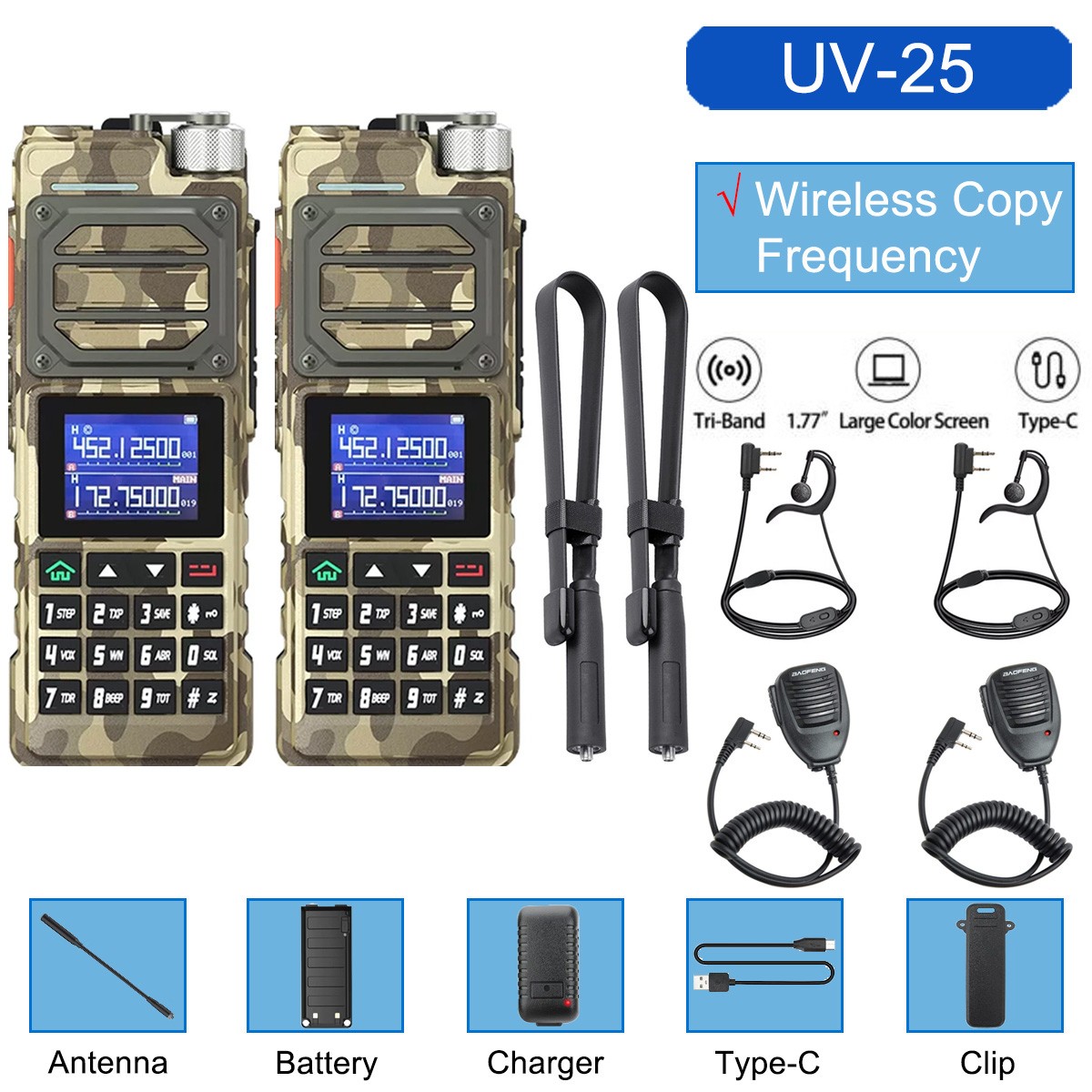BAOFENG UV-25 WALKIE TALKIE LONG RANGE TRI-POWER TWO WAY HAM RADIO&48CM&MIC KIT