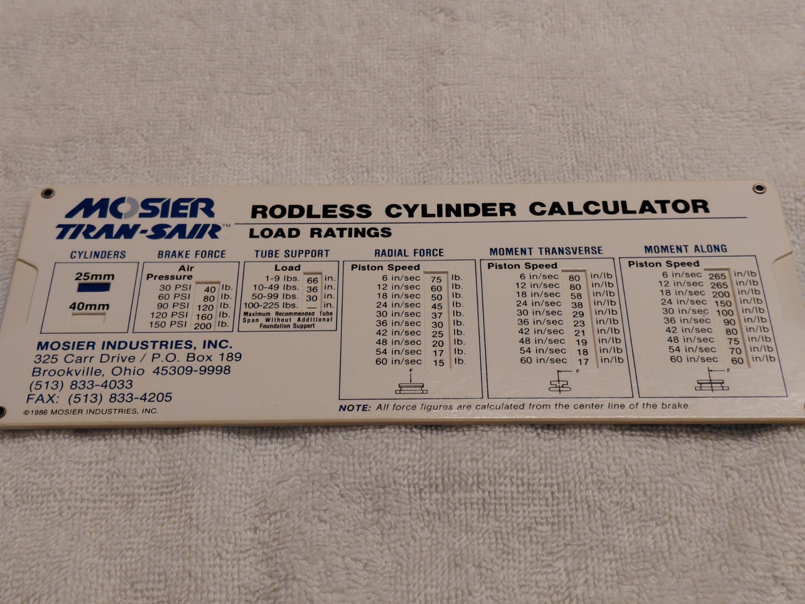 Mosier Tran-Sair Rodless Cylinder Calculator Load Ratings Slide Vtg 1976 VGUC