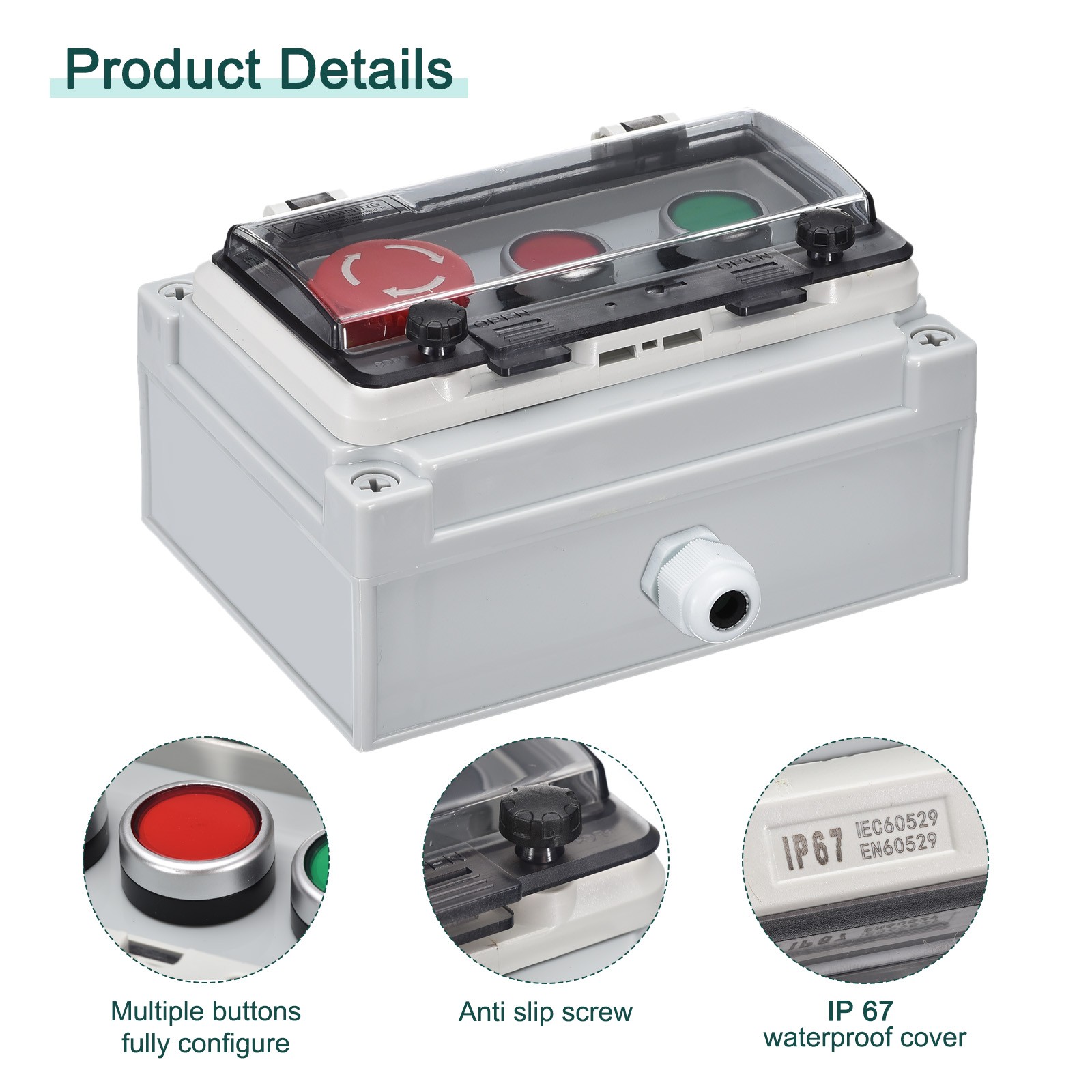 IP67 Push Button Box ABS Green Button Red Button E Stop Button