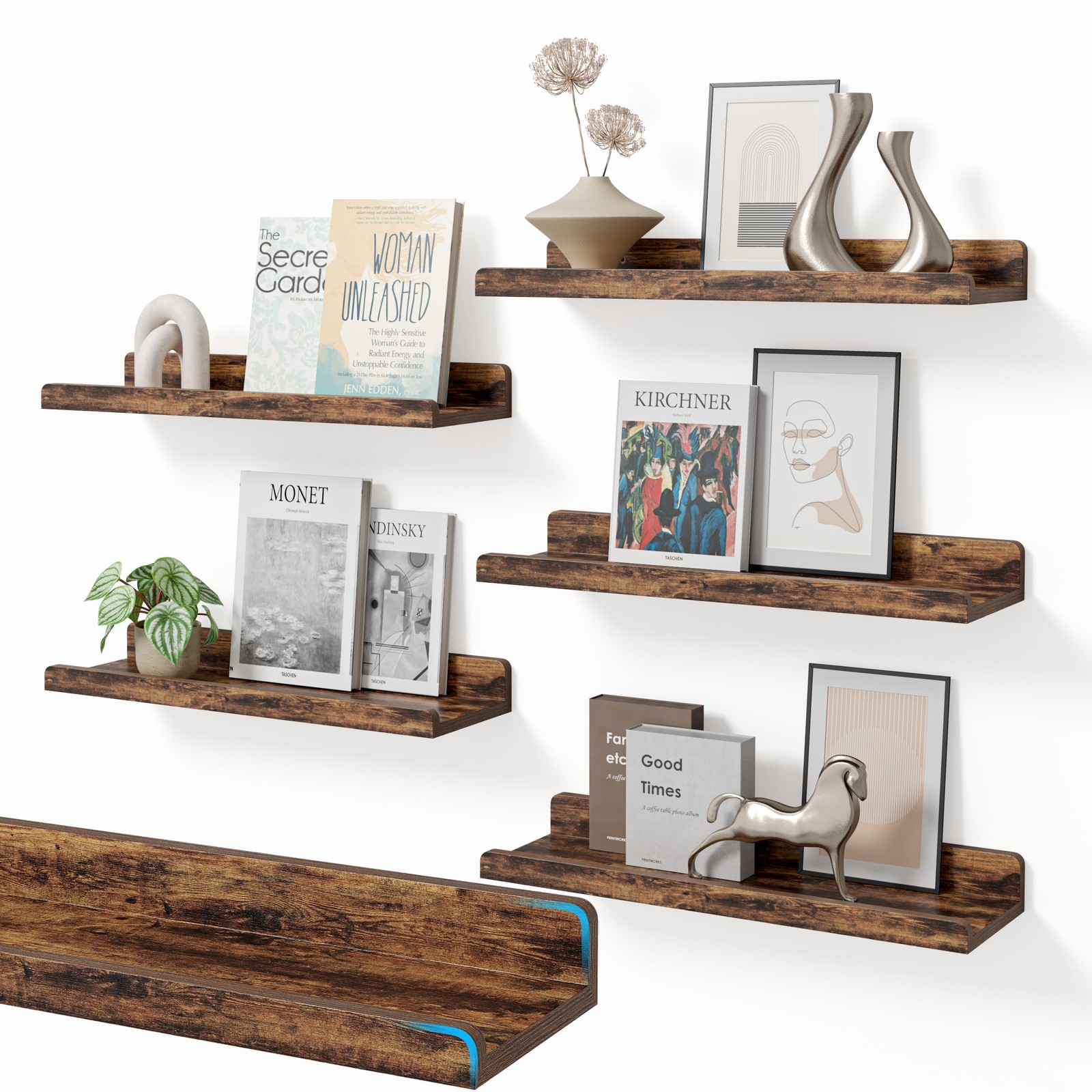 16’’Rustic Brown Floating Shelves for Wall Set of 6,Rustic Wood Shelf for Roo...