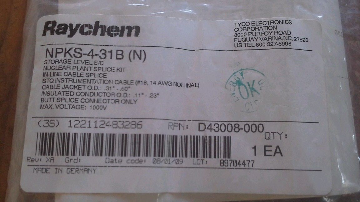 RAYCHEM 4/C IN LINE SPLICE KIT sealed factory bag NPKS-4-31B (N) NUCLEAR 0.6" OD