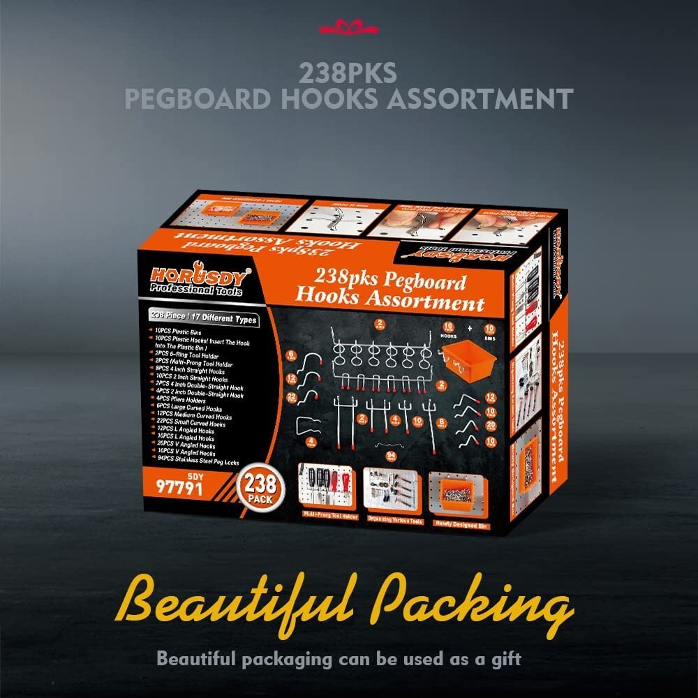 238-Piece Pegboard Hooks Assortment, Pegboard Accessories with Pegboard Bins