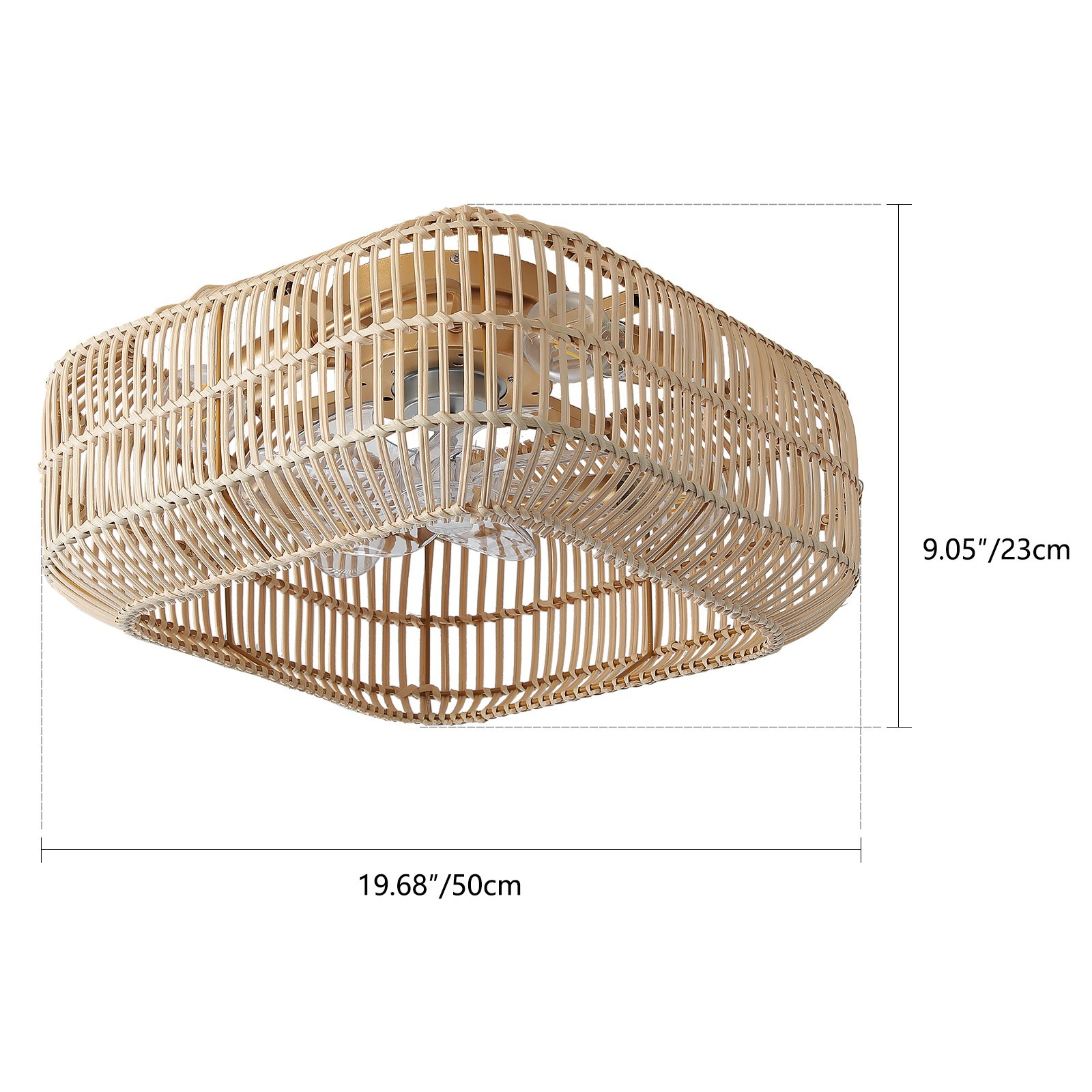 20" Boho Ceiling Fan with Light, Rattan Caged Flush Mount Ceiling Fan