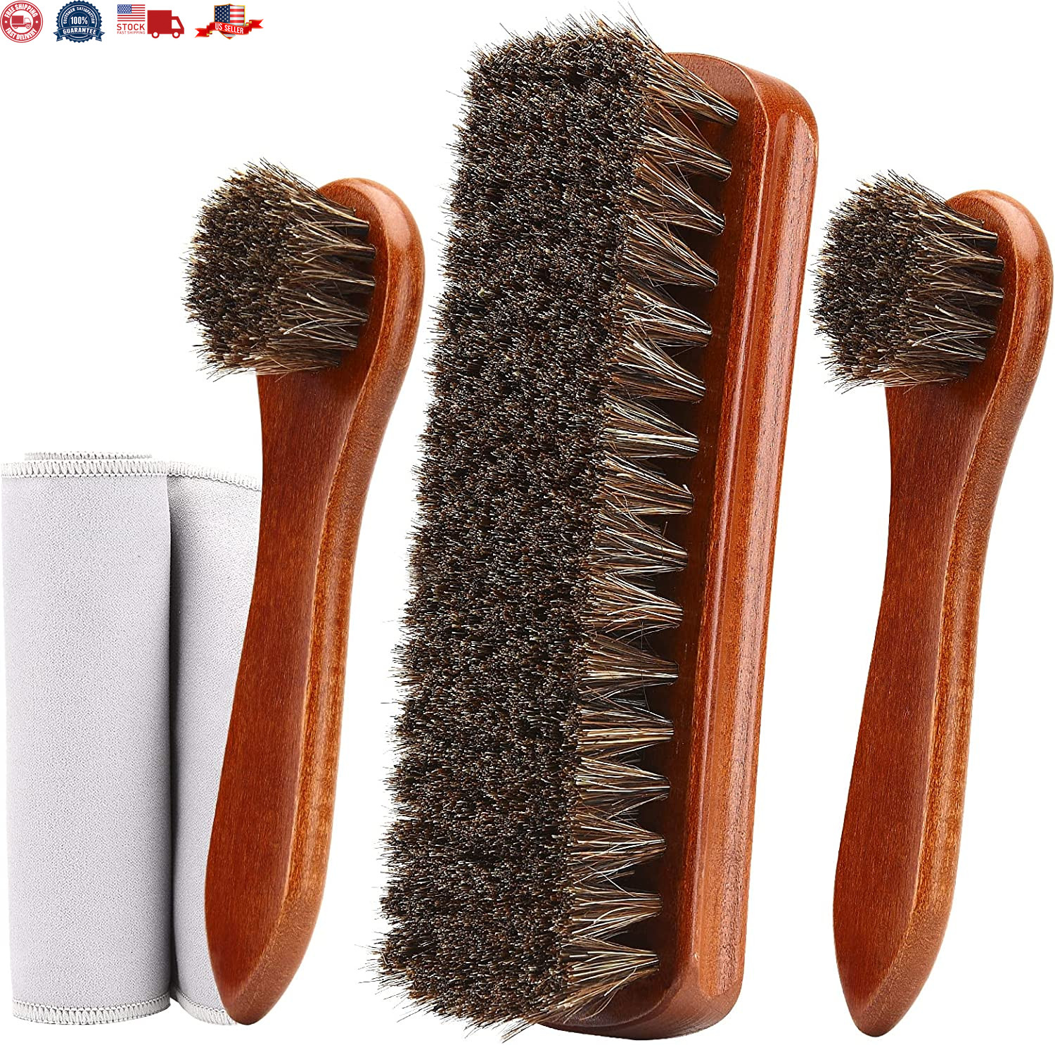 4-Piece Horsehair Shoe Brush Shine Kit, Shoe Polish Kit, for Leather Shoes Boot