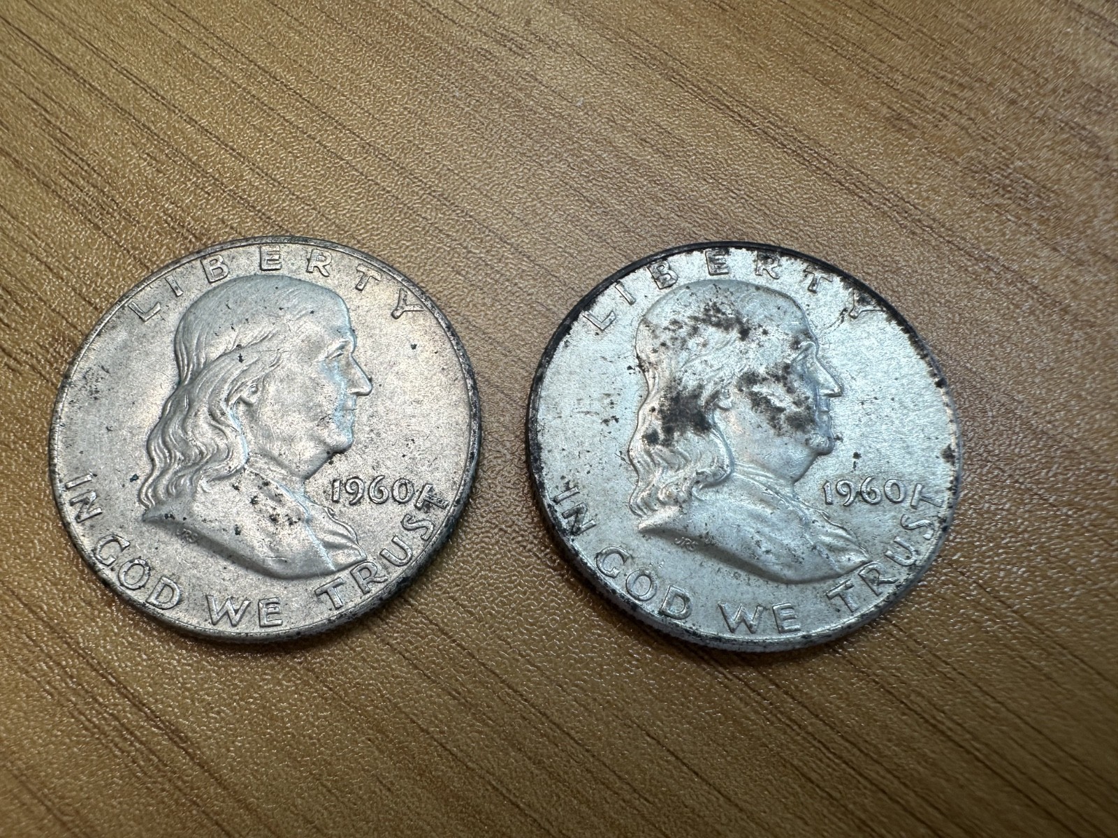 Two 1960 D Franklin Half Dollar Circulated Silver 50c Coins