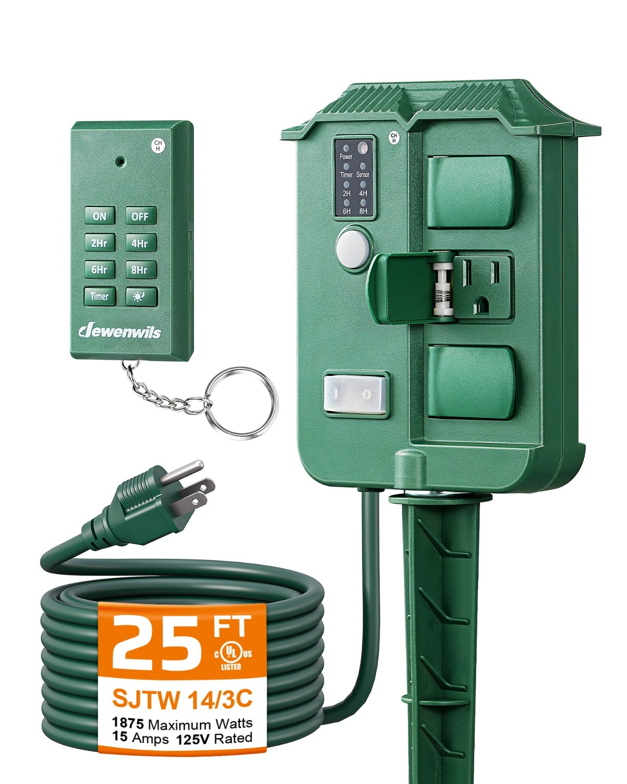 DEWENWILS Outdoor Power Stake Timer, 25FT Extension Cord, 100FT Range Remote