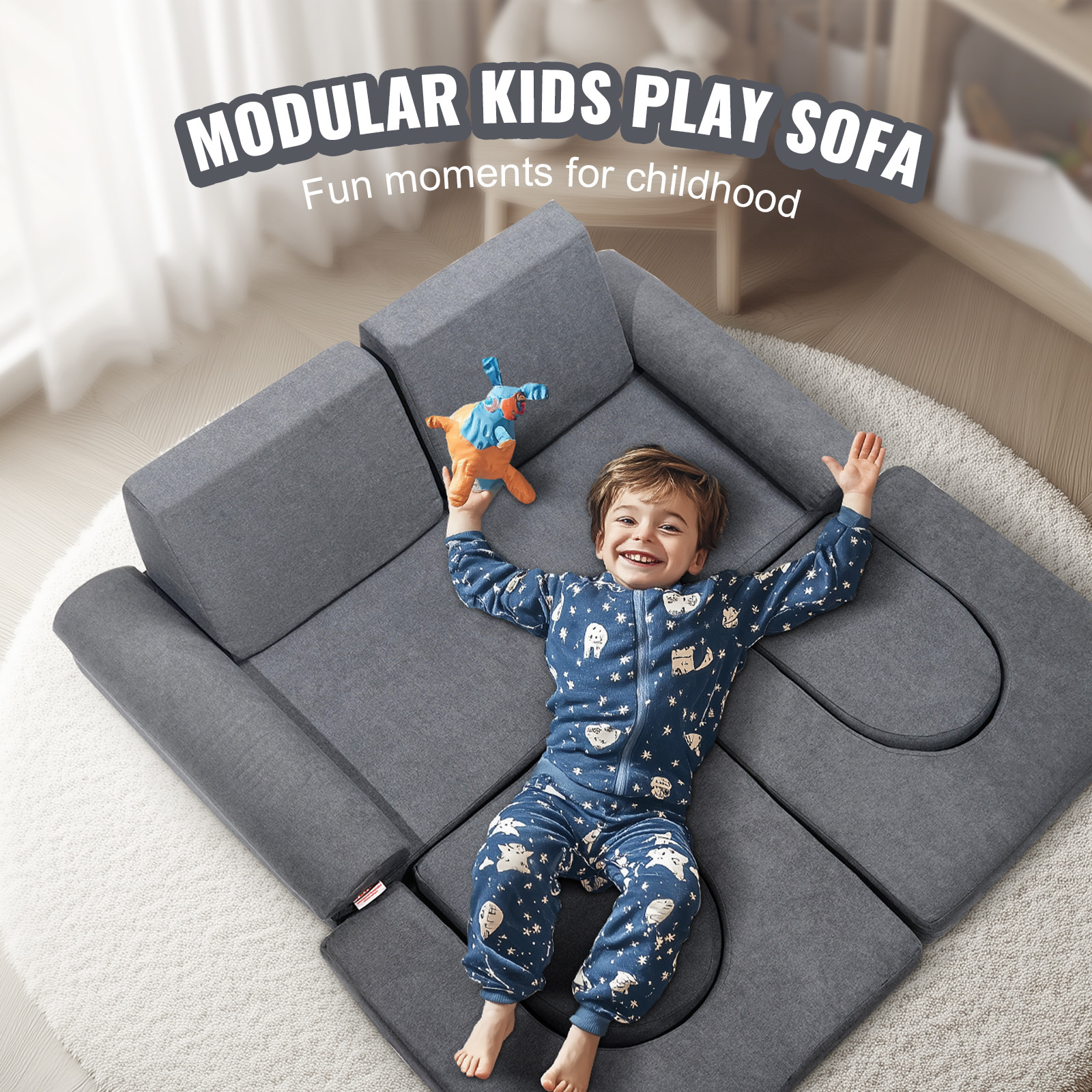 Modular Kids Play Couch 10Pcs DIY Creative Toddler Sectional Sofa Grey