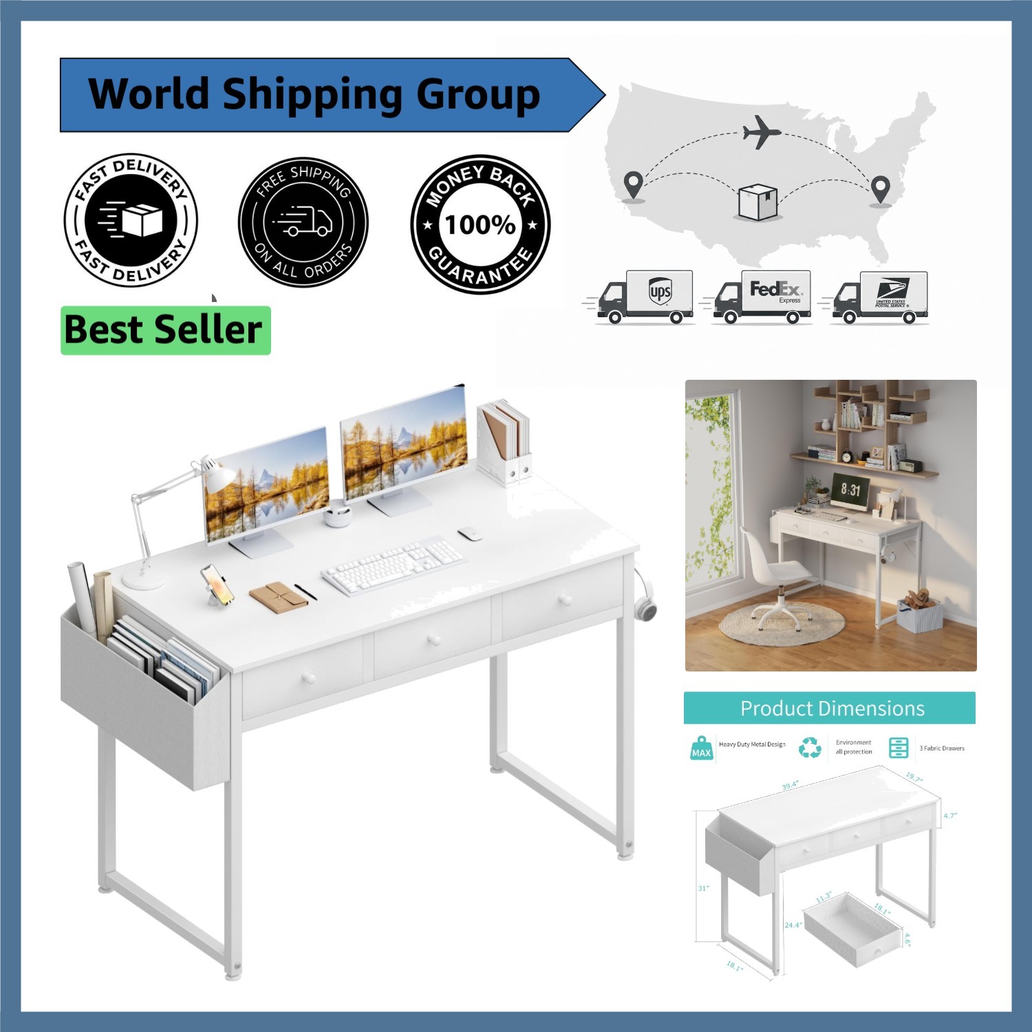 Elegant 40-Inch White Computer Desk with 3 Drawers for Home Office & Bedroom