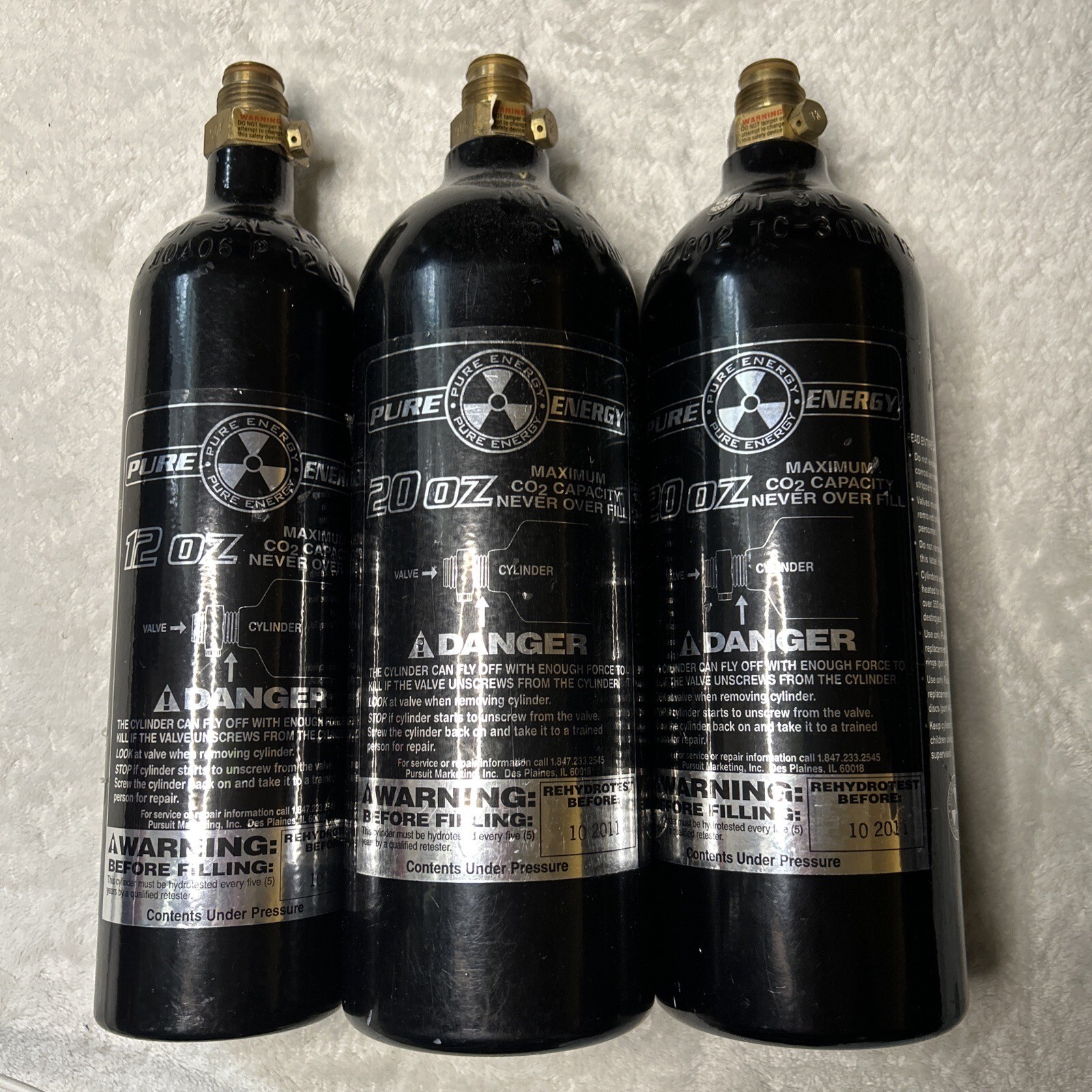 Lot of 3 Pure Energy CO2 Carbon Dioxide Refillable Paintball Canister Tanks