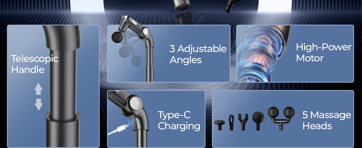 Foldable Massage Gun with Dual-Ball Head, Adjustable Head & Extendable Handle,