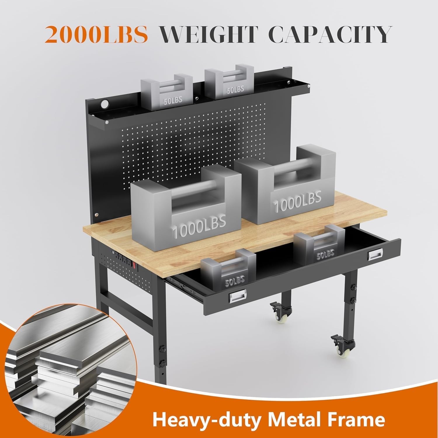 60" Heavy Duty Adjustable Workbench with Large Pegboard & LED Light, Adjustable