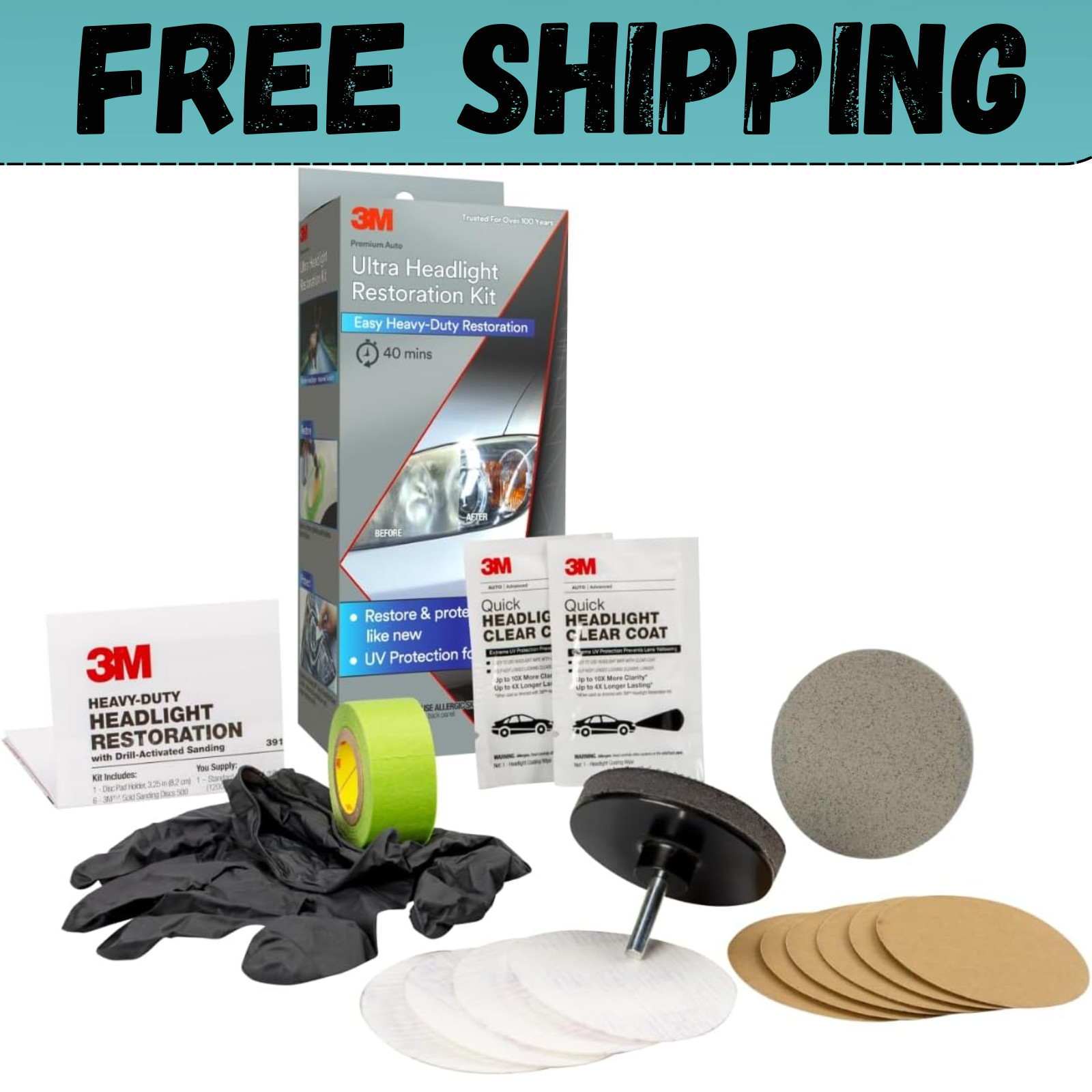 3M Ultra Headlight Restoration Kit Contains Masking Tape Light Sanding Discs