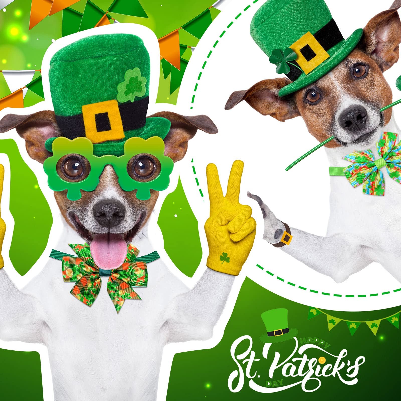 40 Pcs St. Patrick's Day Dog Bows Ties Bulk, Adjustable Irish Shamrocks Basics C