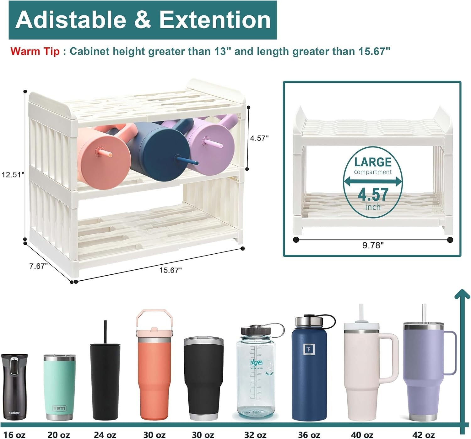 Spaclear Water Bottle Organizer, Stackable 2 shelf cream color plastic expandab