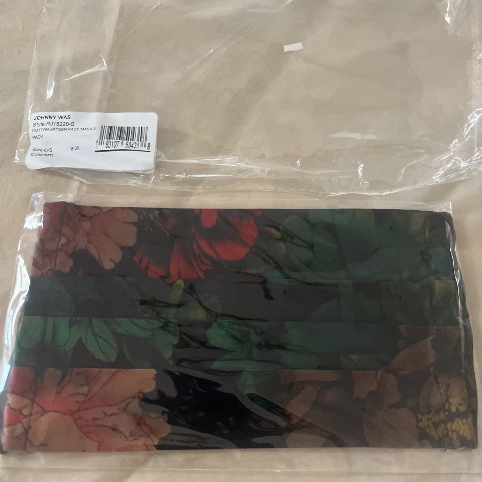 Johnny Was Face Mask Black Floral Cotton Sateen Filter Pocket Sealed